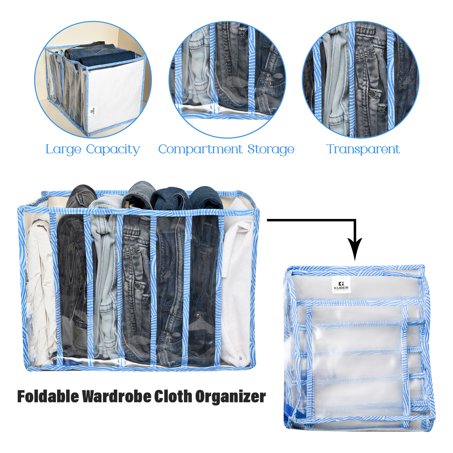 Kuber Industries Wardrobe Cloth Organizer | PVC .40mm Blue Zig Zag Drawer Organizer | 7 Grids Foldable | Clear Transparent for T-shirts | Trousers | Socks | Blue