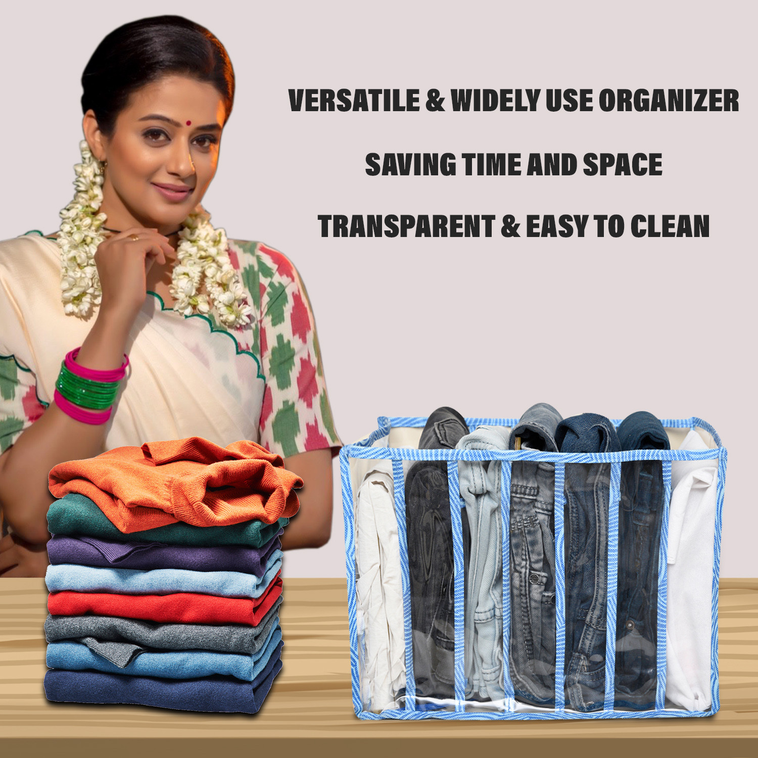 Kuber Industries Wardrobe Cloth Organizer | PVC .40mm Blue Zig Zag Drawer Organizer | 7 Grids Foldable | Clear Transparent for T-shirts | Trousers | Socks | Blue