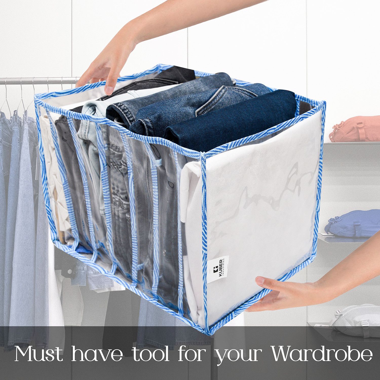 Kuber Industries Wardrobe Cloth Organizer | PVC .40mm Blue Zig Zag Drawer Organizer | 7 Grids Foldable | Clear Transparent for T-shirts | Trousers | Socks | Blue