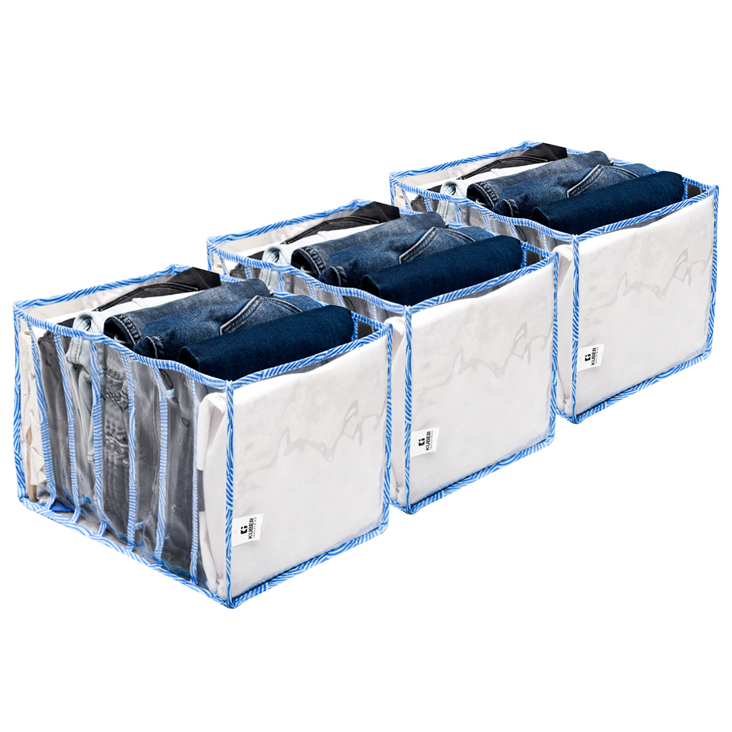 Kuber Industries Wardrobe Cloth Organizer | PVC .40mm Blue Zig Zag Drawer Organizer | 7 Grids Foldable | Clear Transparent for T-shirts | Trousers | Socks | Blue