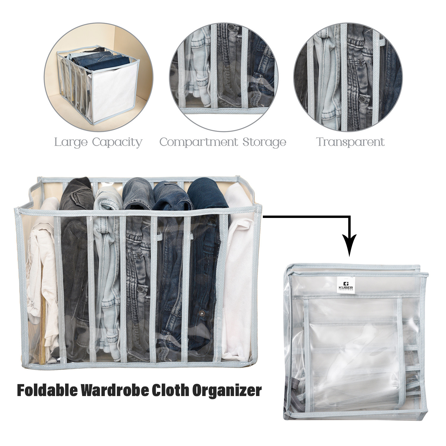 Kuber Industries Wardrobe Cloth Organizer | PVC .40mm Drawer Organizer | 7 Grids Foldable | Clear Transparent for T-shirts | Trousers | Socks | Gray