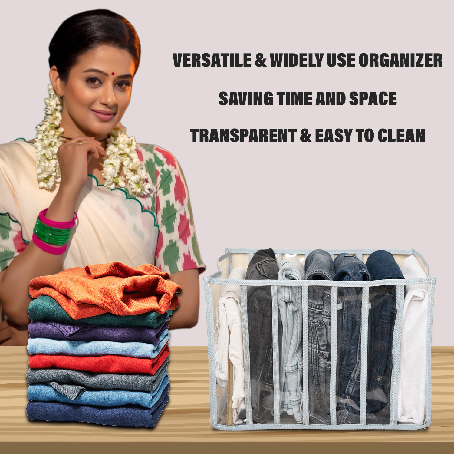 Kuber Industries Wardrobe Cloth Organizer | PVC .40mm Drawer Organizer | 7 Grids Foldable | Clear Transparent for T-shirts | Trousers | Socks | Gray