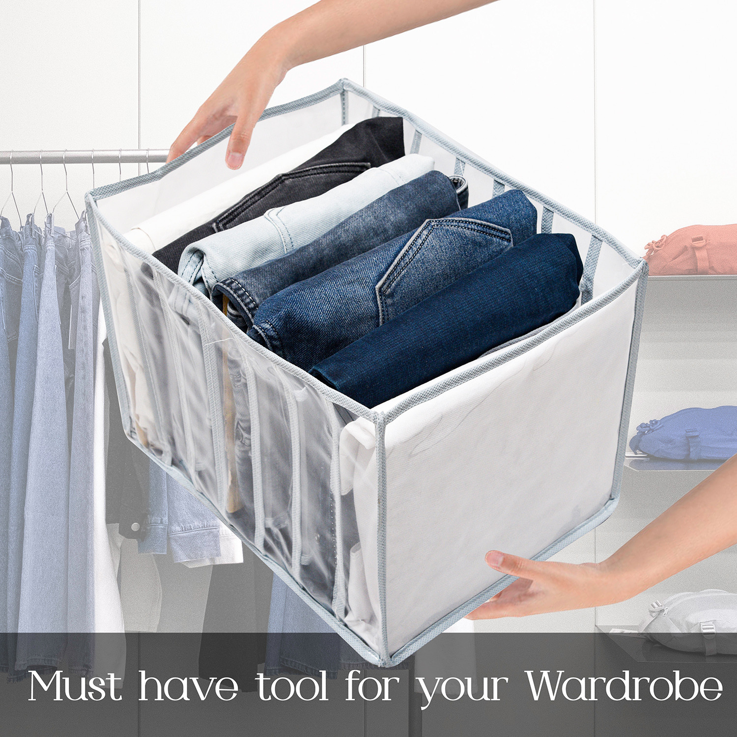 Kuber Industries Wardrobe Cloth Organizer | PVC .40mm Drawer Organizer | 7 Grids Foldable | Clear Transparent for T-shirts | Trousers | Socks | Gray