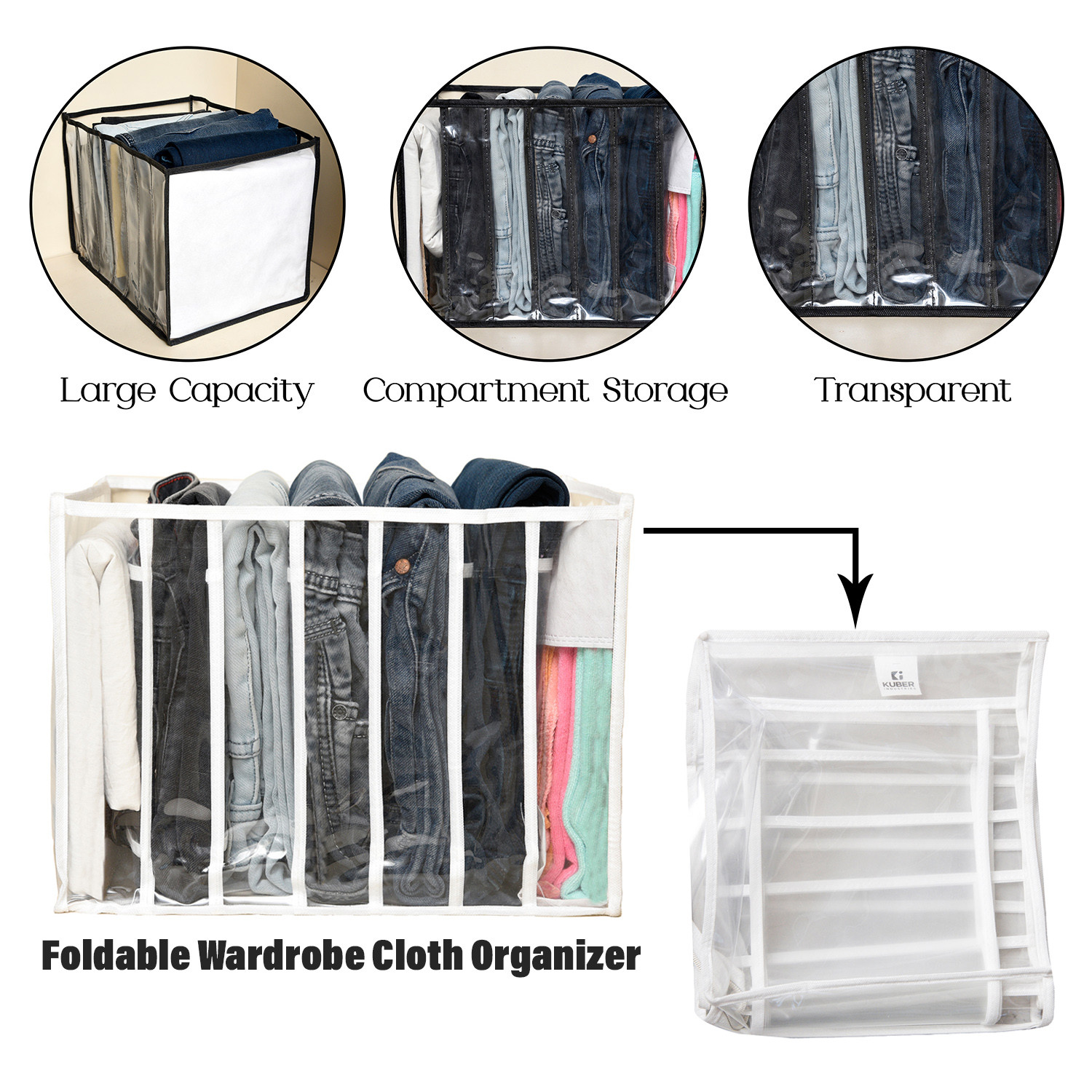 Kuber Industries Wardrobe Cloth Organizer | PVC .40mm Drawer Organizer | 7 Grids Foldable | Clear Transparent for T-shirts | Trousers | Socks | White