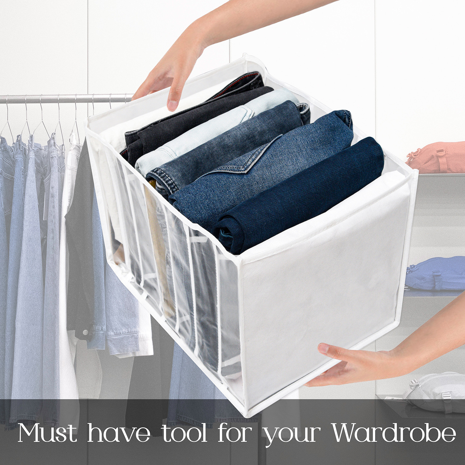 Kuber Industries Wardrobe Cloth Organizer | PVC .40mm Drawer Organizer | 7 Grids Foldable | Clear Transparent for T-shirts | Trousers | Socks | White