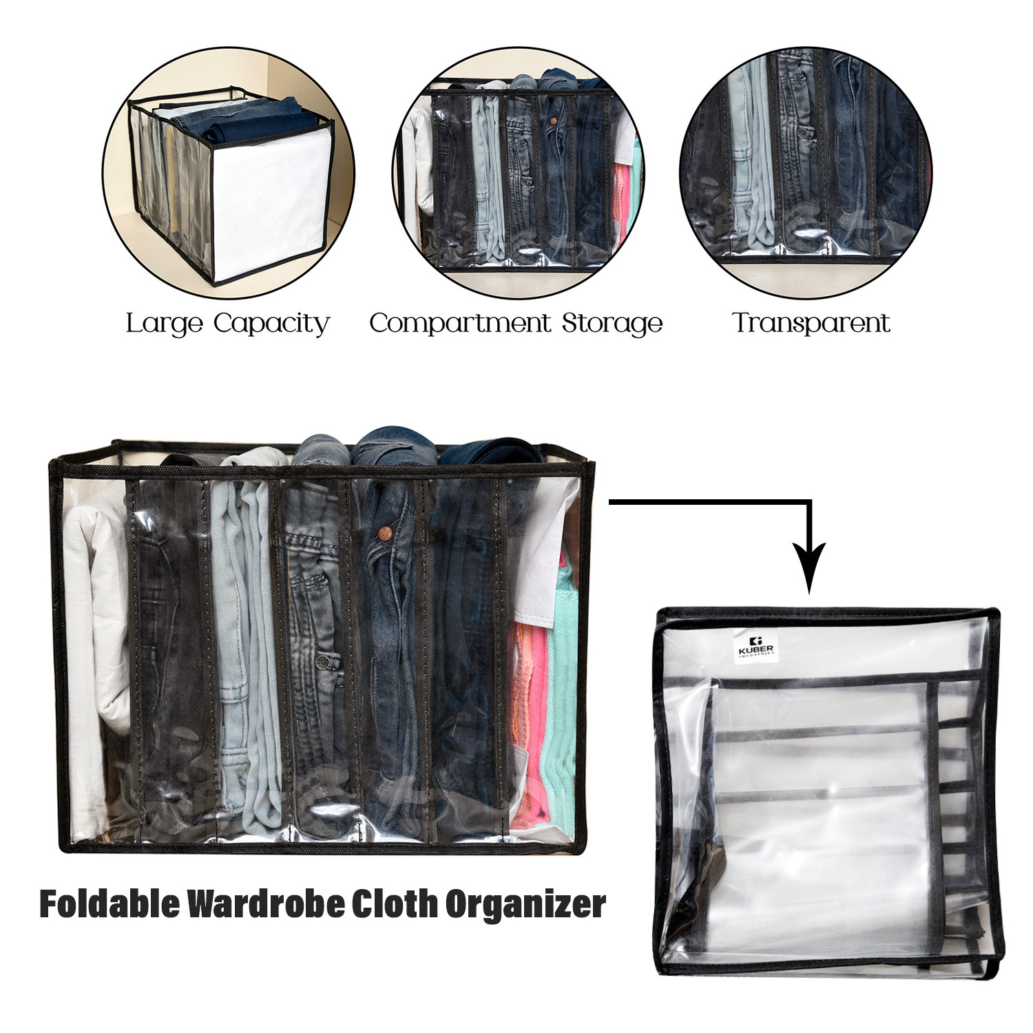 Kuber Industries Wardrobe Cloth Organizer | PVC .40mm Drawer Organizer | 7 Grids Foldable | Clear Transparent for T-shirts | Trousers | Socks | Black