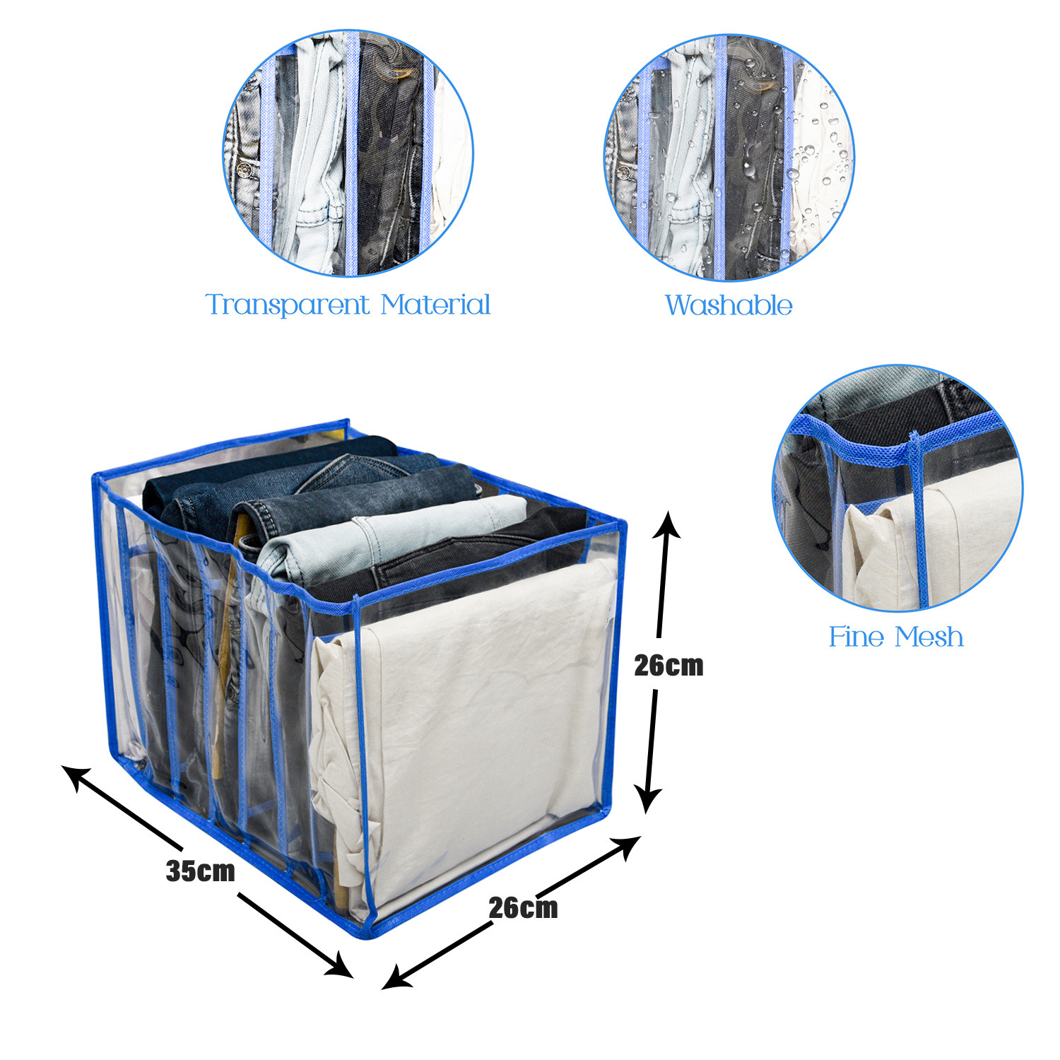 Kuber Industries Wardrobe Cloth Organizer | PVC .40mm Drawer Organizer | 7 Grids Foldable | Clear Transparent for T-shirts | Trousers | Socks | Blue