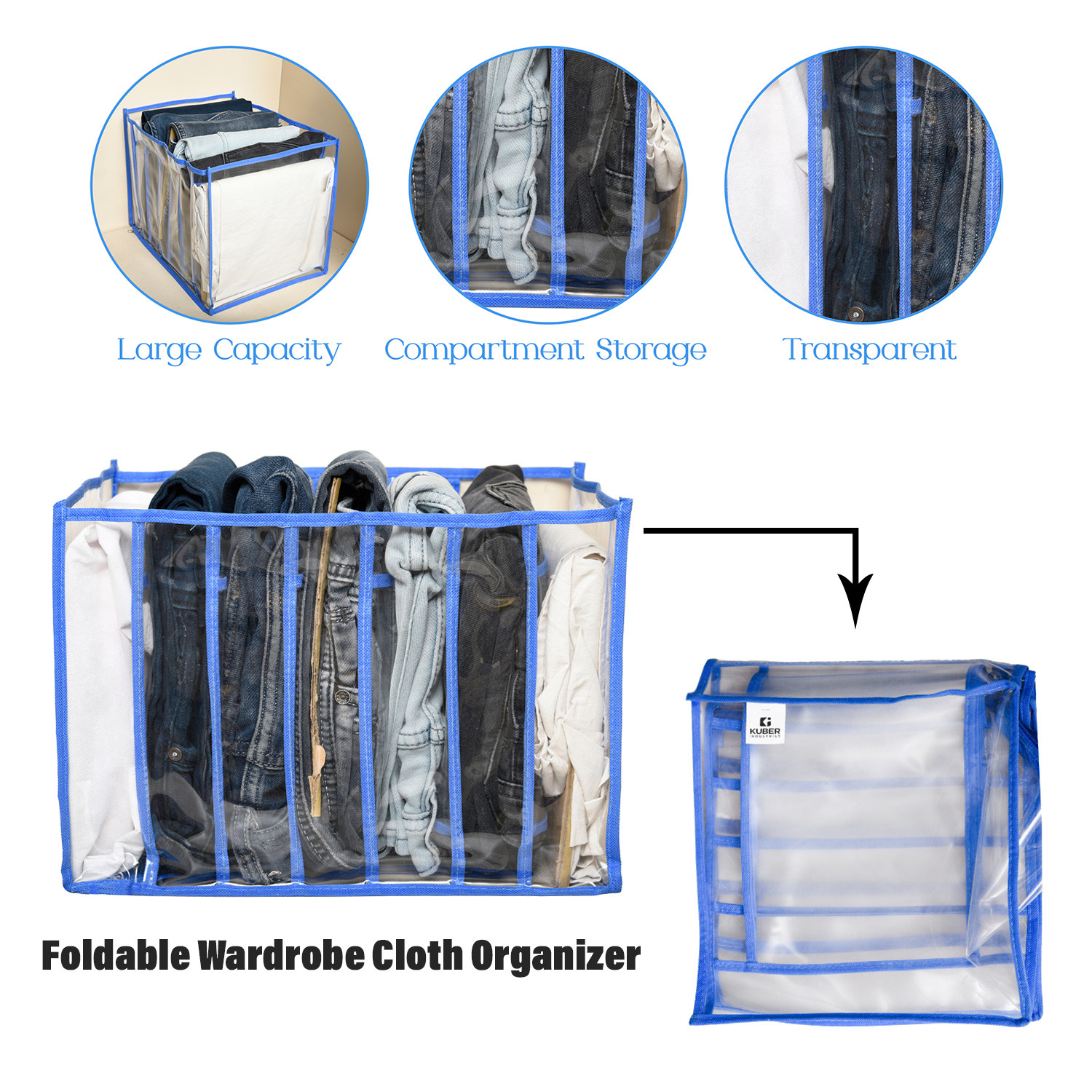 Kuber Industries Wardrobe Cloth Organizer | PVC .40mm Drawer Organizer | 7 Grids Foldable | Clear Transparent for T-shirts | Trousers | Socks | Blue