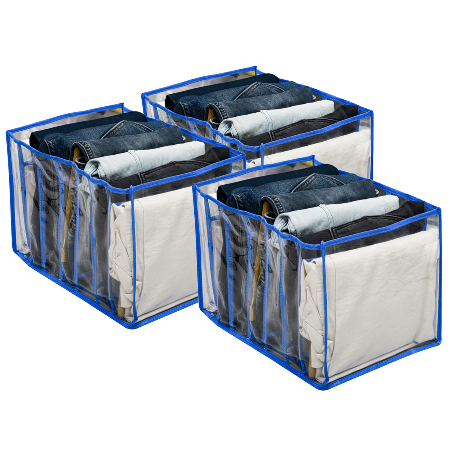 Kuber Industries Wardrobe Cloth Organizer | PVC .40mm Drawer Organizer | 7 Grids Foldable | Clear Transparent for T-shirts | Trousers | Socks | Blue