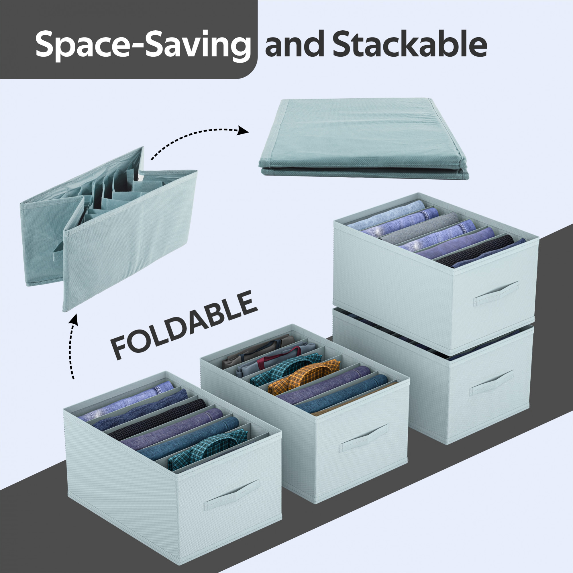 Kuber Industries Wardrobe Organizer  7 Grid Trouser Box  Jeans Bra Panty-Socks Storage Organizer  Folding Closet Organizer  Dress Drawer Organizer  Plain  Medium  Grey