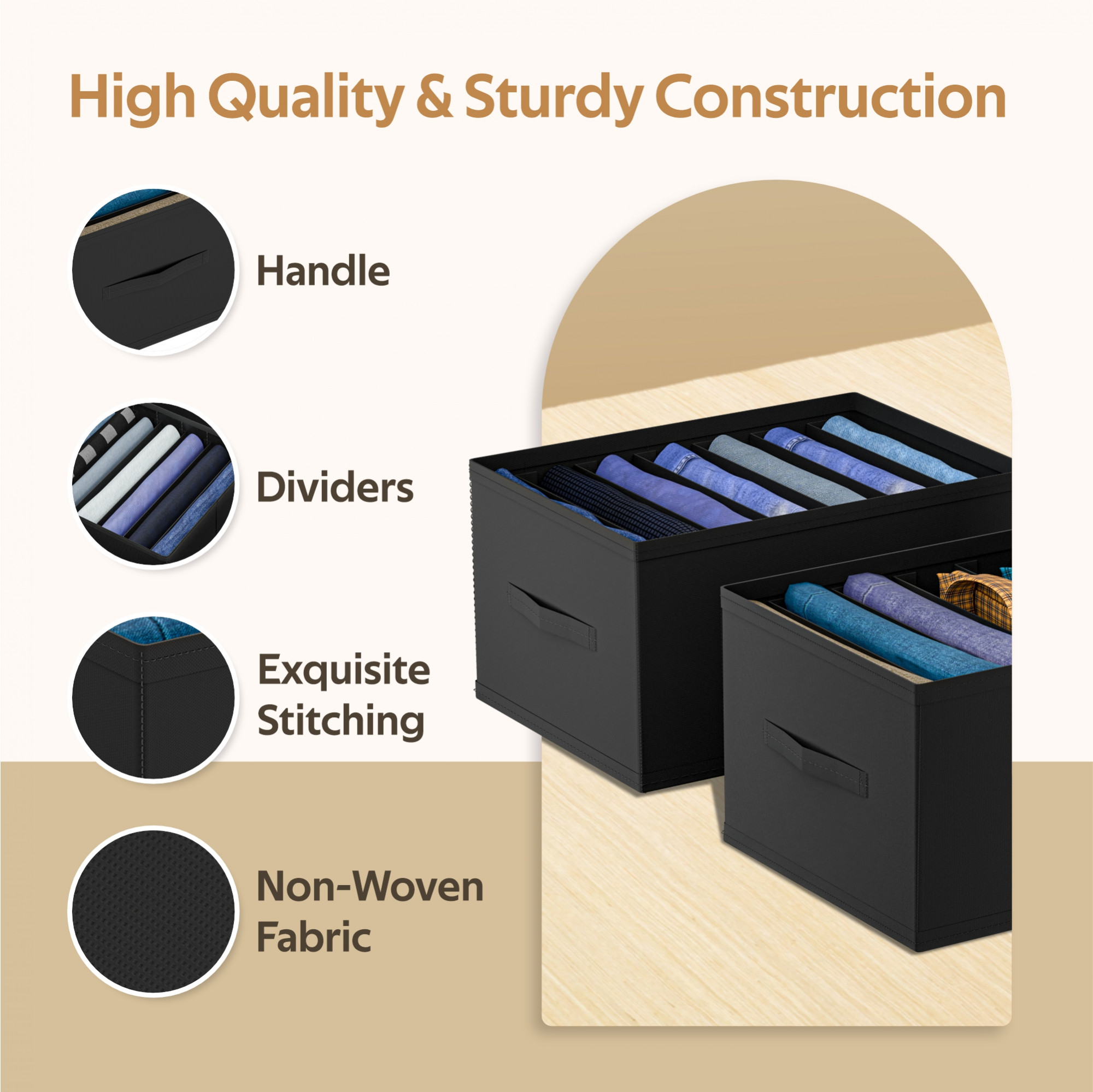 Kuber Industries Wardrobe Organizer  7 Grid Trouser Box  Jeans Bra Panty-Socks Storage Organizer  Folding Closet Organizer  Dress Drawer Organizer  Plain  Medium  Black