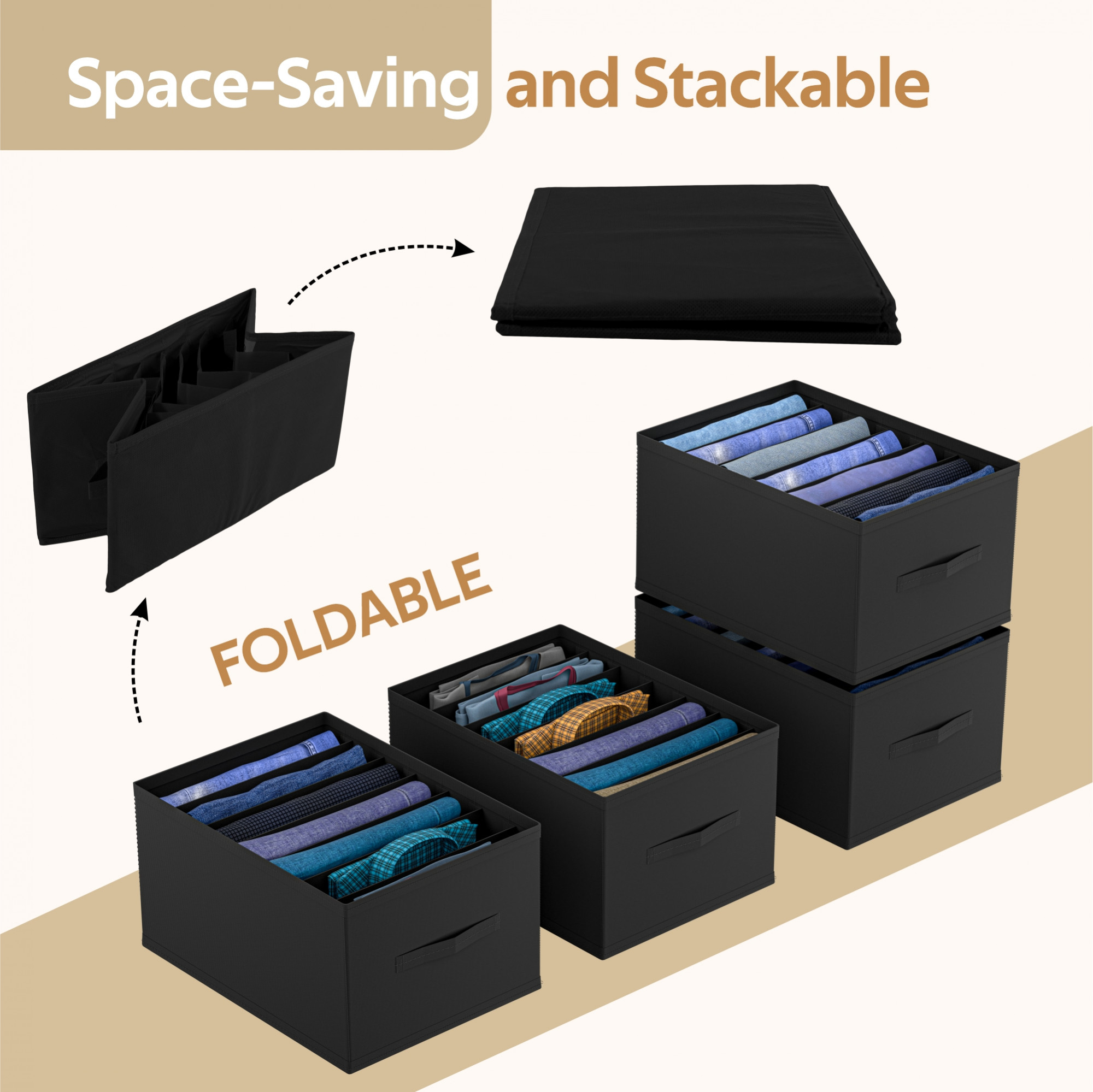 Kuber Industries Wardrobe Organizer  7 Grid Trouser Box  Jeans Bra Panty-Socks Storage Organizer  Folding Closet Organizer  Dress Drawer Organizer  Plain  Medium  Black