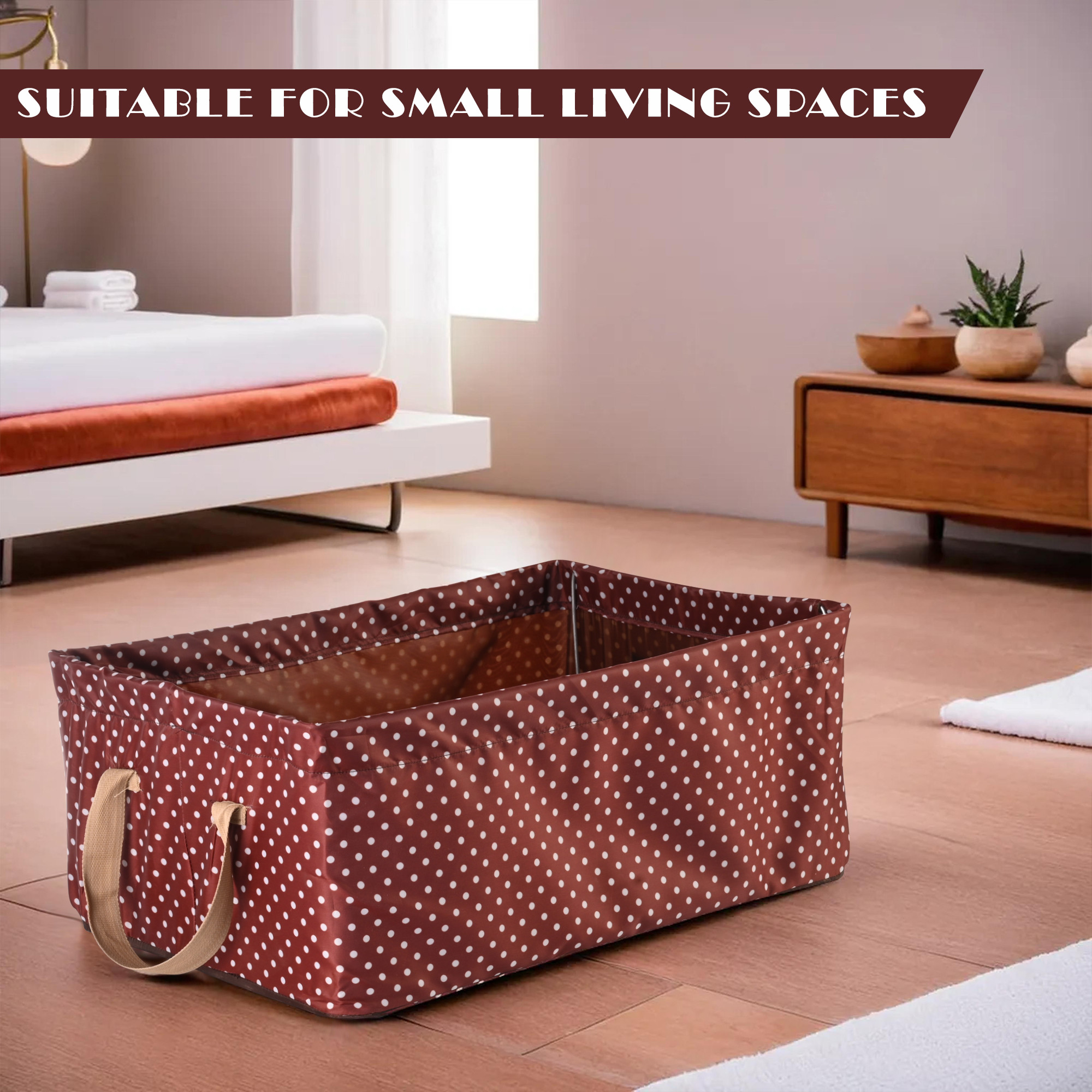 Kuber Industries Wardrobe Organizer  Foldable Metal Frame Storage Baskets for Clothing  Parachute Storage Box for Sweater  Jeans  Drawer Organizer with Handles  Dot Print  Brown