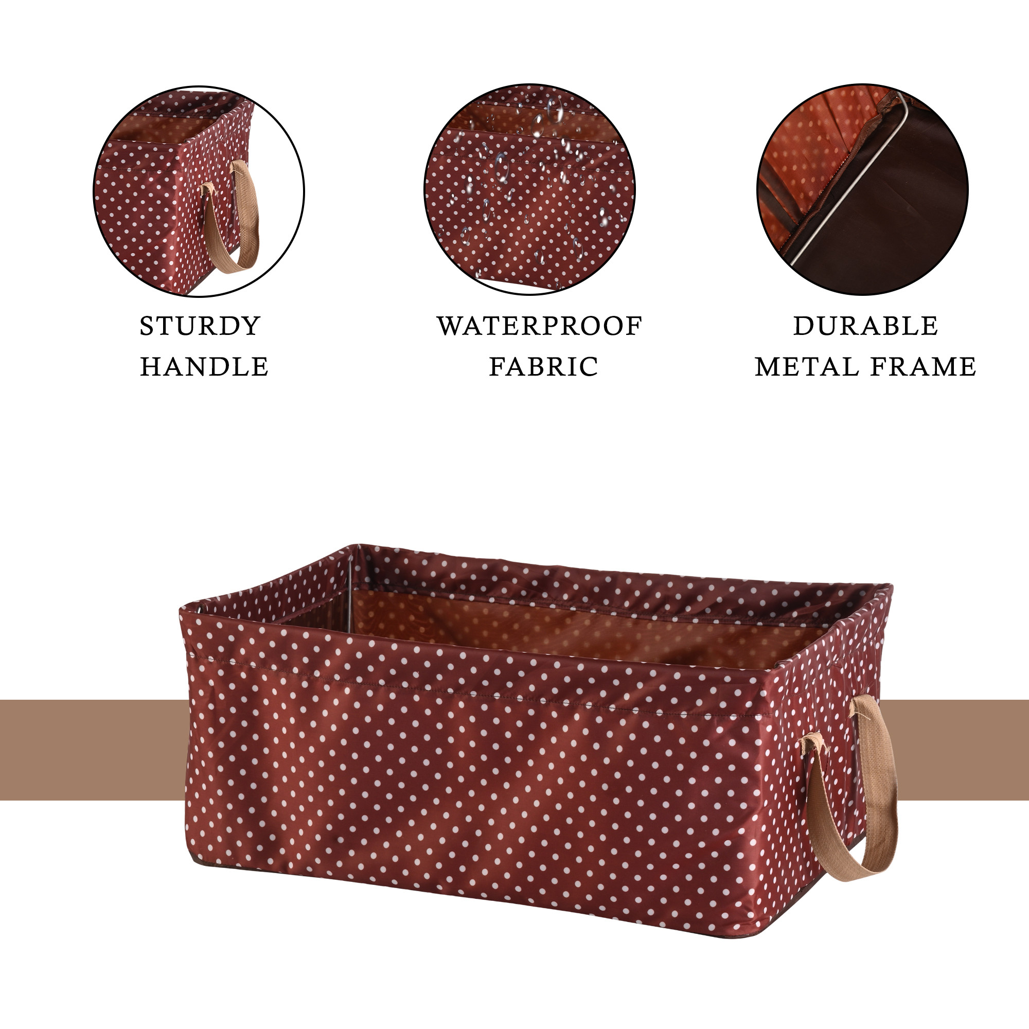 Kuber Industries Wardrobe Organizer  Foldable Metal Frame Storage Baskets for Clothing  Parachute Storage Box for Sweater  Jeans  Drawer Organizer with Handles  Dot Print  Brown