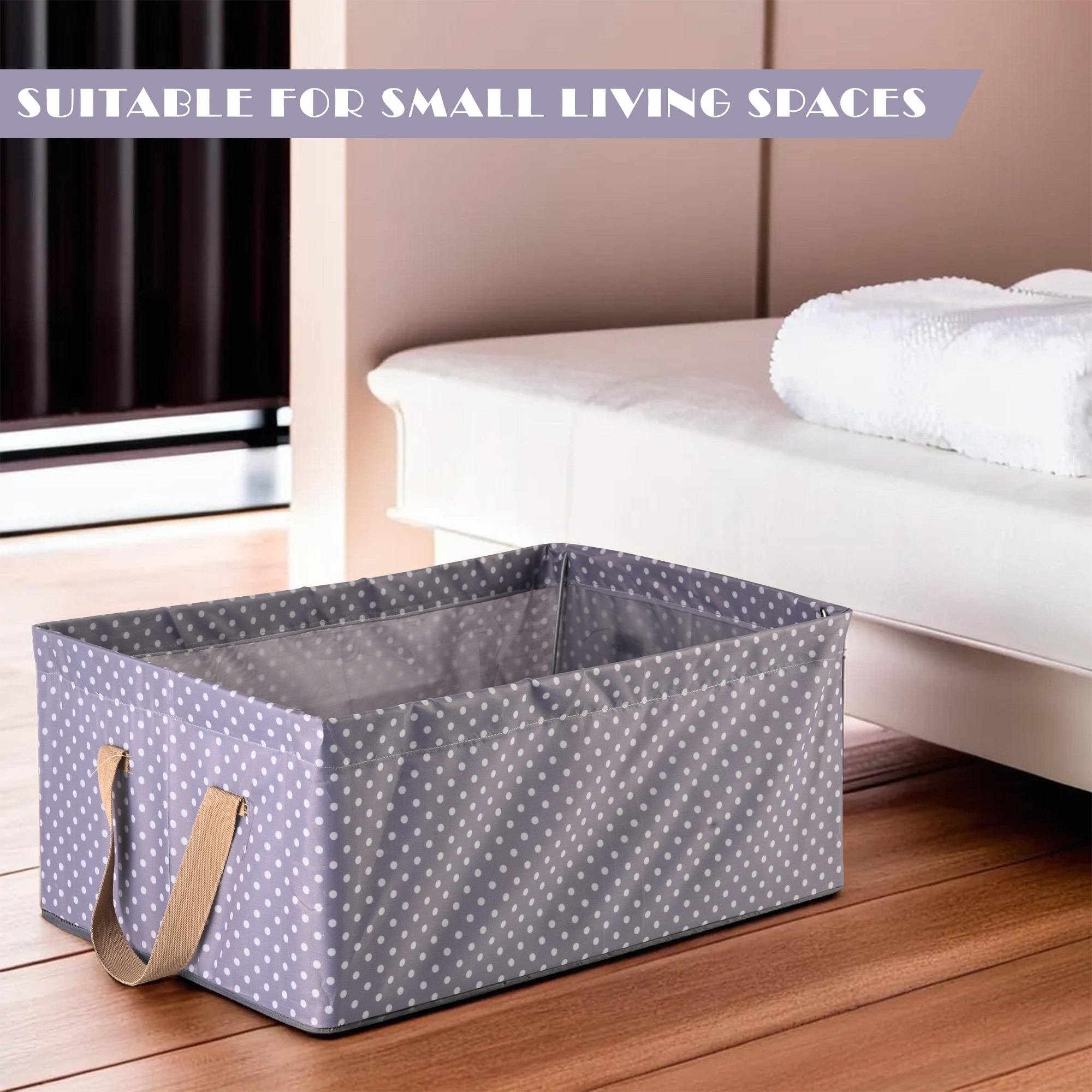 Kuber Industries Wardrobe Organizer  Foldable Metal Frame Storage Baskets for Clothing  Parachute Storage Box for Sweater  Jeans  Drawer Organizer with Handles  Dot Print  Grey