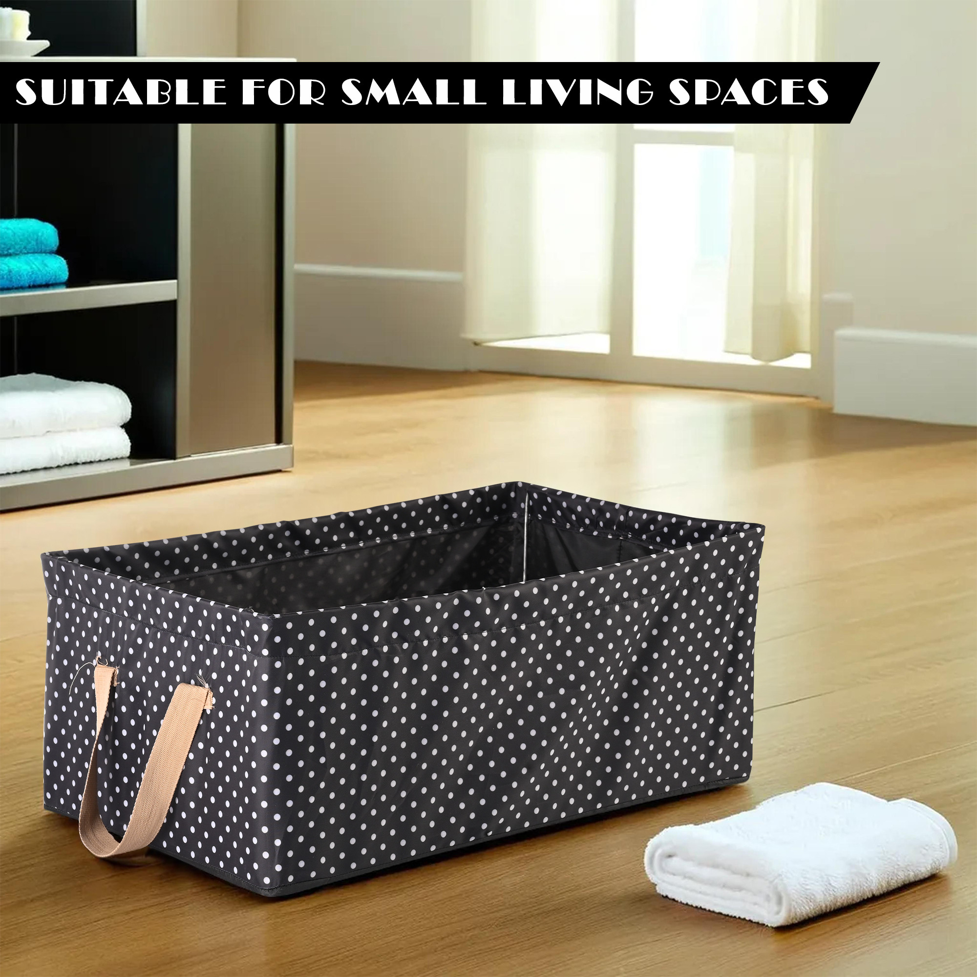 Kuber Industries Wardrobe Organizer  Foldable Metal Frame Storage Baskets for Clothing  Parachute Storage Box for Sweater  Jeans  Drawer Organizer with Handles  Dot Print  Black