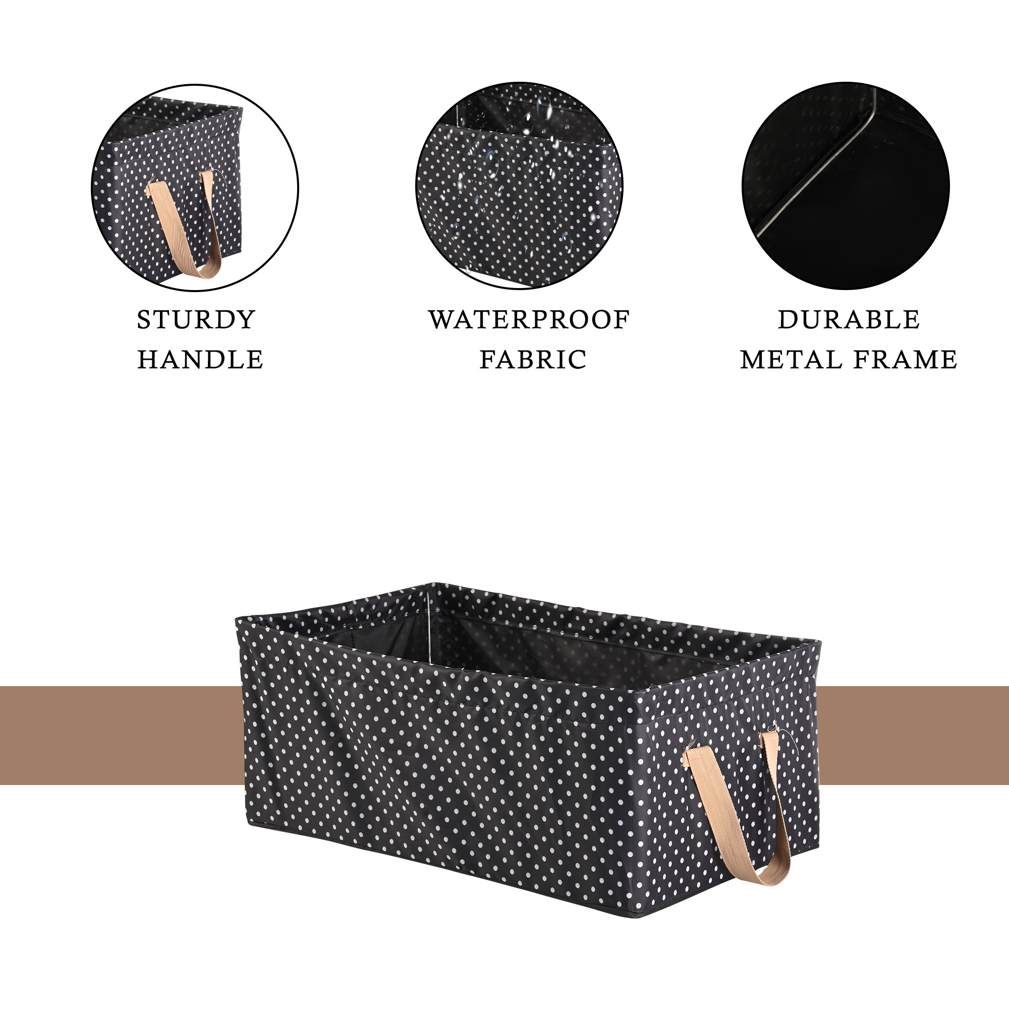 Kuber Industries Wardrobe Organizer  Foldable Metal Frame Storage Baskets for Clothing  Parachute Storage Box for Sweater  Jeans  Drawer Organizer with Handles  Dot Print  Black