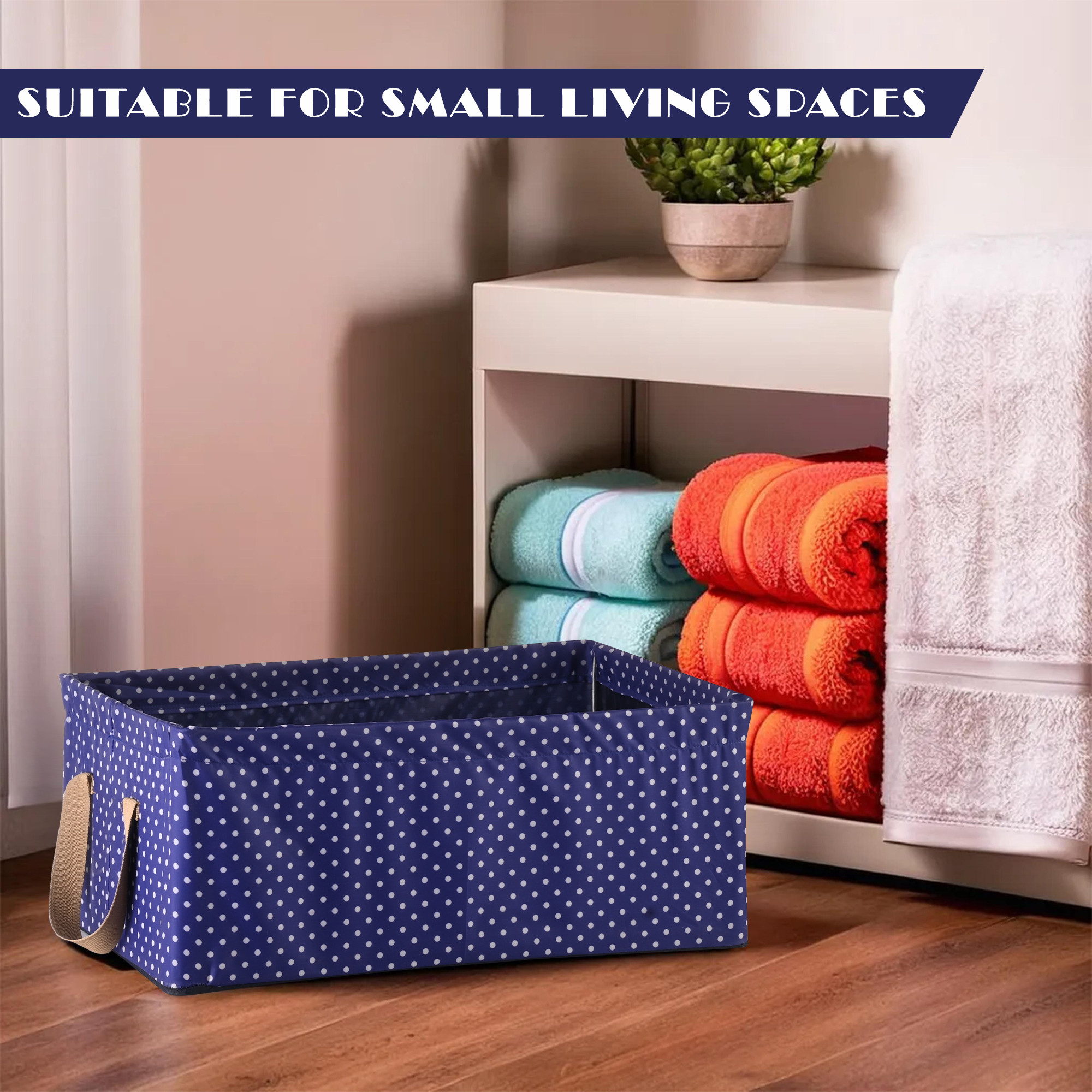 Kuber Industries Wardrobe Organizer  Foldable Metal Frame Storage Baskets for Clothing  Parachute Storage Box for Sweater  Jeans  Drawer Organizer with Handles  Dot Print  Blue