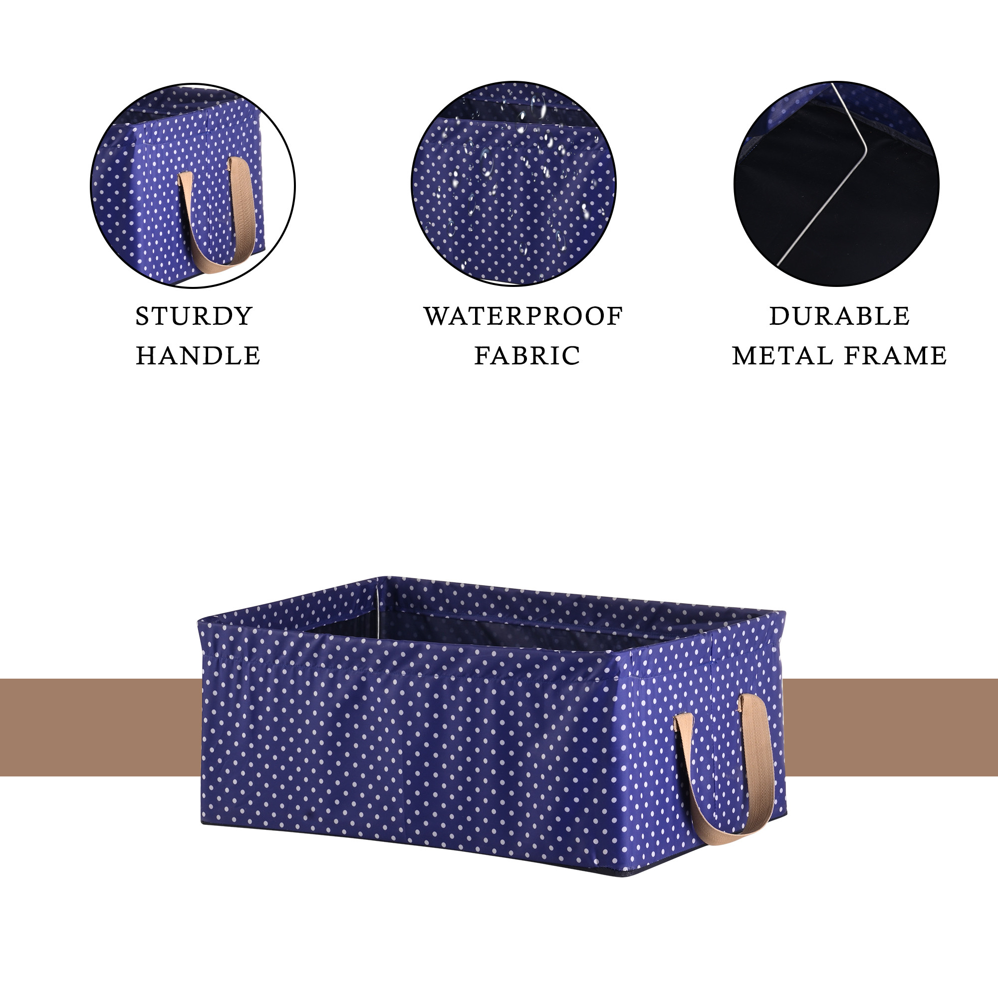 Kuber Industries Wardrobe Organizer  Foldable Metal Frame Storage Baskets for Clothing  Parachute Storage Box for Sweater  Jeans  Drawer Organizer with Handles  Dot Print  Blue