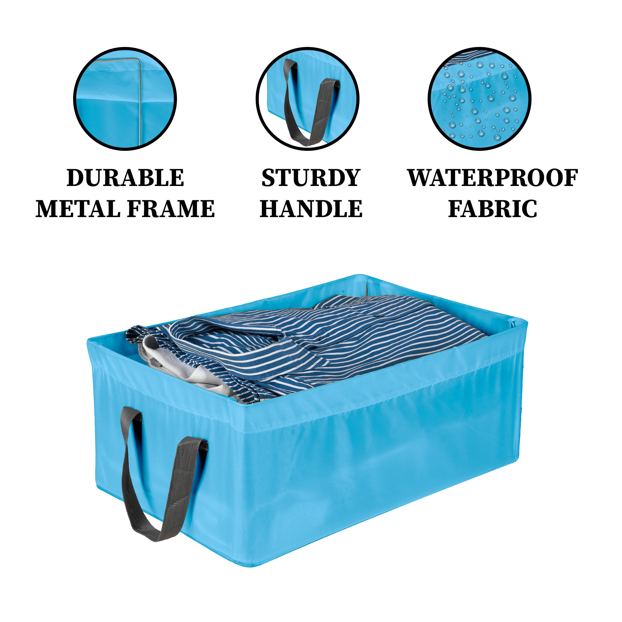 Kuber Industries Wardrobe Organizer  Foldable Metal Frame Storage Baskets for Clothing  Parachute Storage Box for Pants Sweater Jeans  Drawer Organizer with Handles  Sky Blue