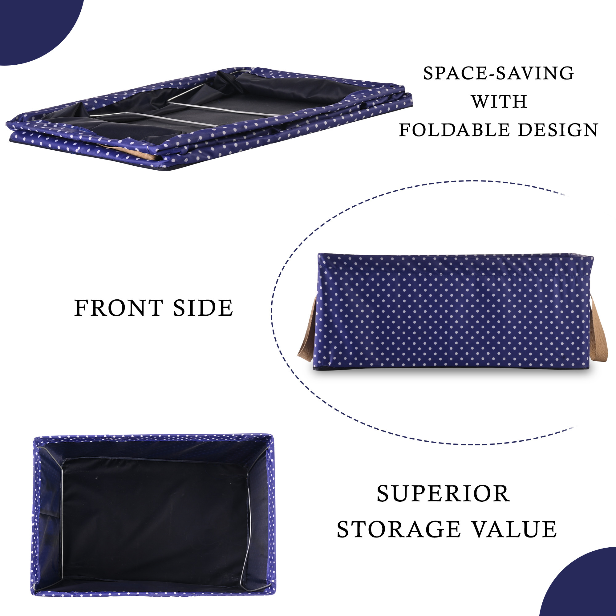 Kuber Industries Wardrobe Organizer  Foldable Metal Frame Storage Baskets for Clothing  Parachute Storage Box for Sweater  Jeans  Drawer Organizer with Handles  Dot Print  Blue