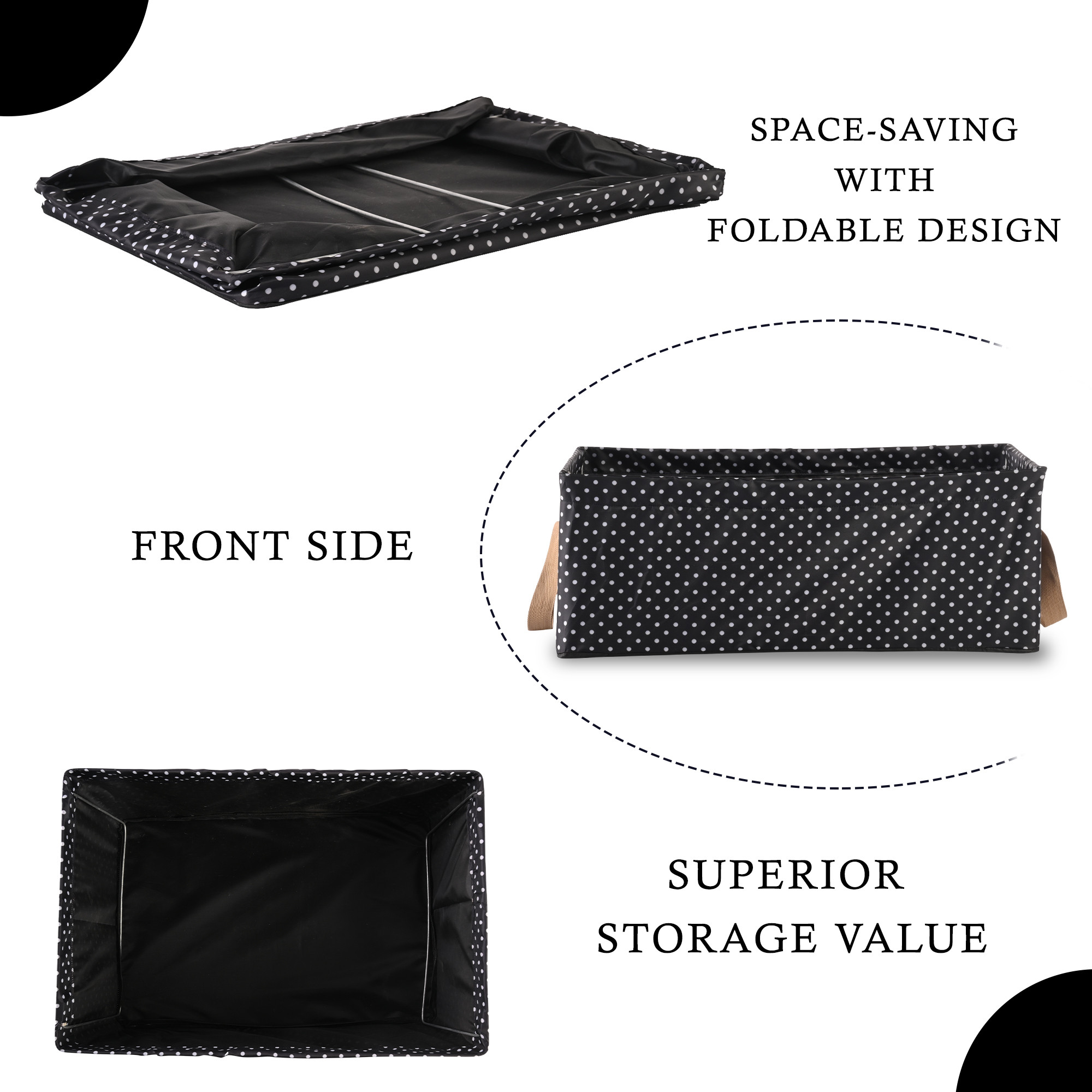 Kuber Industries Wardrobe Organizer  Foldable Metal Frame Storage Baskets for Clothing  Parachute Storage Box for Sweater  Jeans  Drawer Organizer with Handles  Dot Print  Black