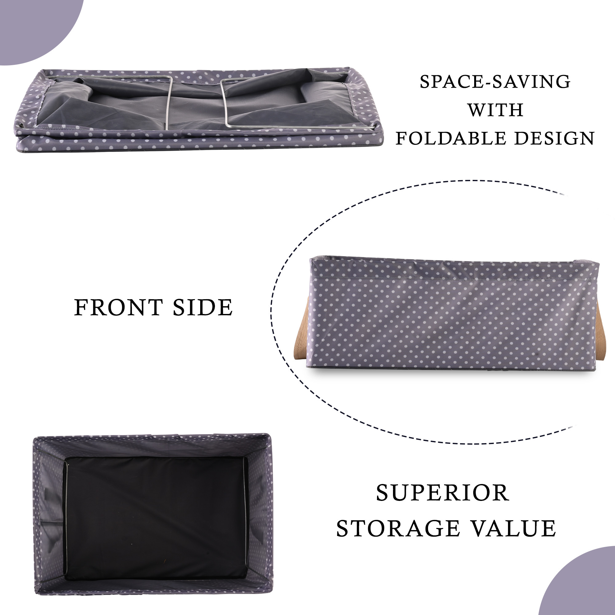 Kuber Industries Wardrobe Organizer  Foldable Metal Frame Storage Baskets for Clothing  Parachute Storage Box for Sweater  Jeans  Drawer Organizer with Handles  Dot Print  Grey