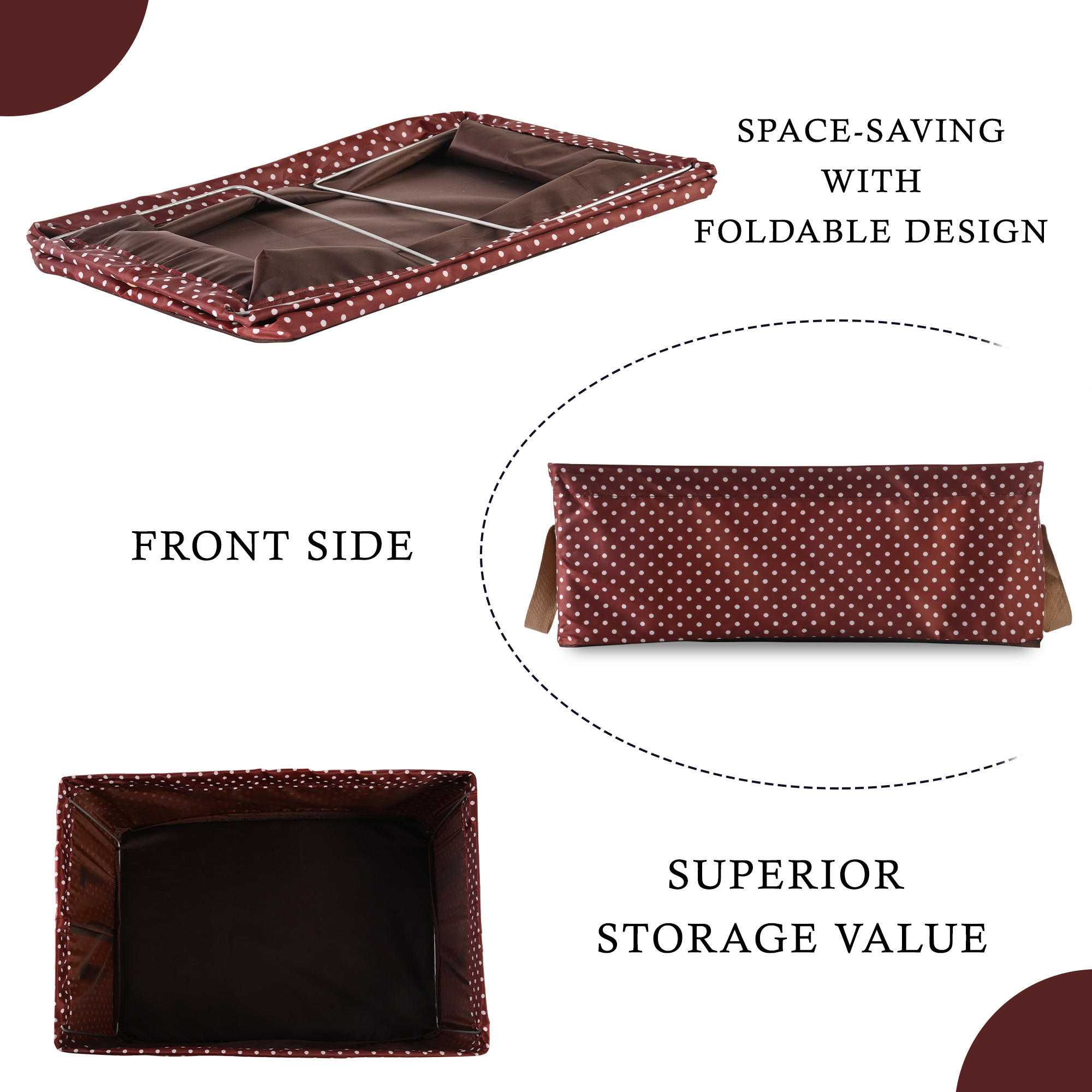 Kuber Industries Wardrobe Organizer  Foldable Metal Frame Storage Baskets for Clothing  Parachute Storage Box for Sweater  Jeans  Drawer Organizer with Handles  Dot Print  Brown