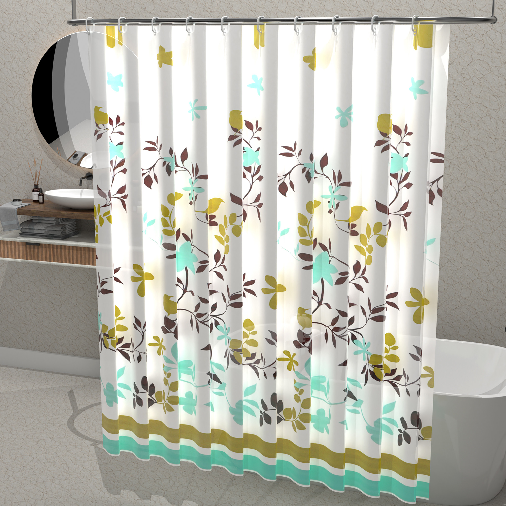 Kuber Industries Washable Bathroom Shower Curtain 6 Feet with 12 Plastic Hooks  Quick-Drying  Easy to Clean Washroom  Bathroom Curtains Waterproof  JY-2-1  Multicolor Leafs