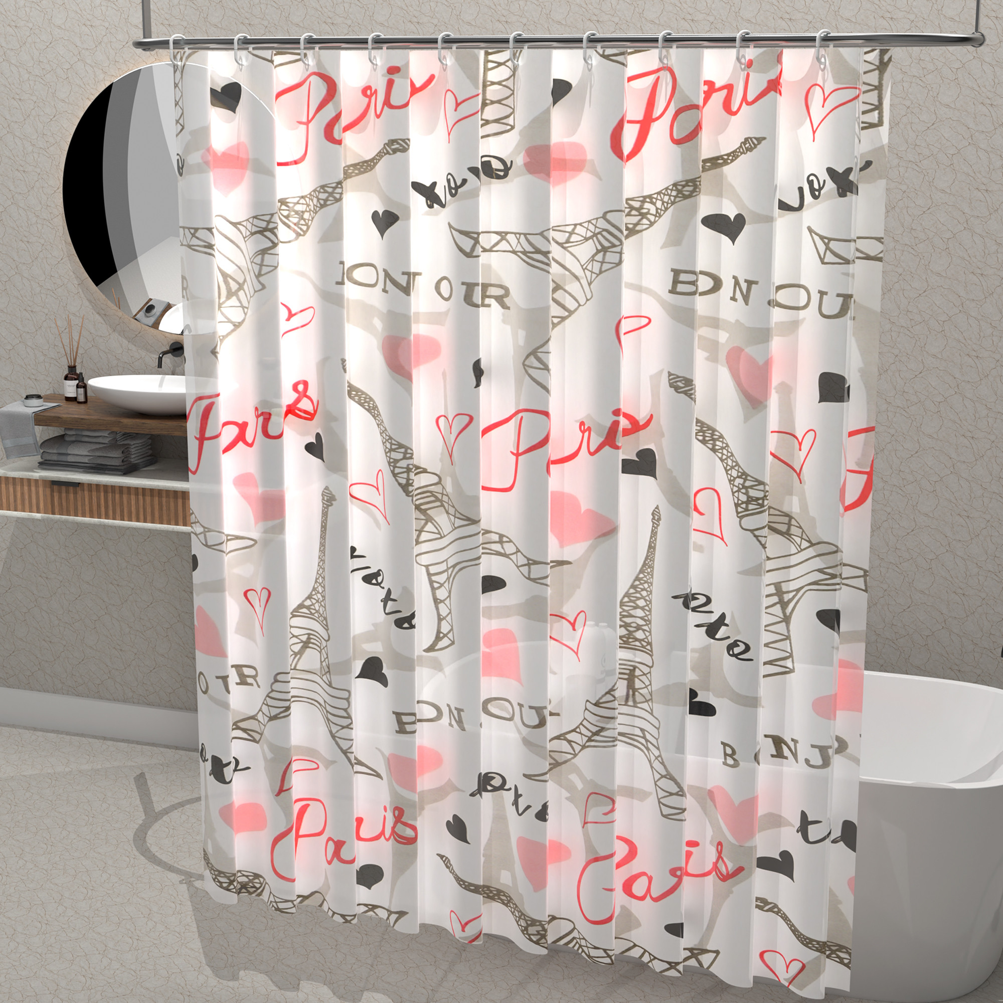 Kuber Industries Washable Bathroom Shower Curtain 6 Feet with 12 Plastic Hooks  Quick-Drying  Easy to Clean Washroom  Bathroom Curtains Waterproof  JY-3-4  Eiffel Tower Print