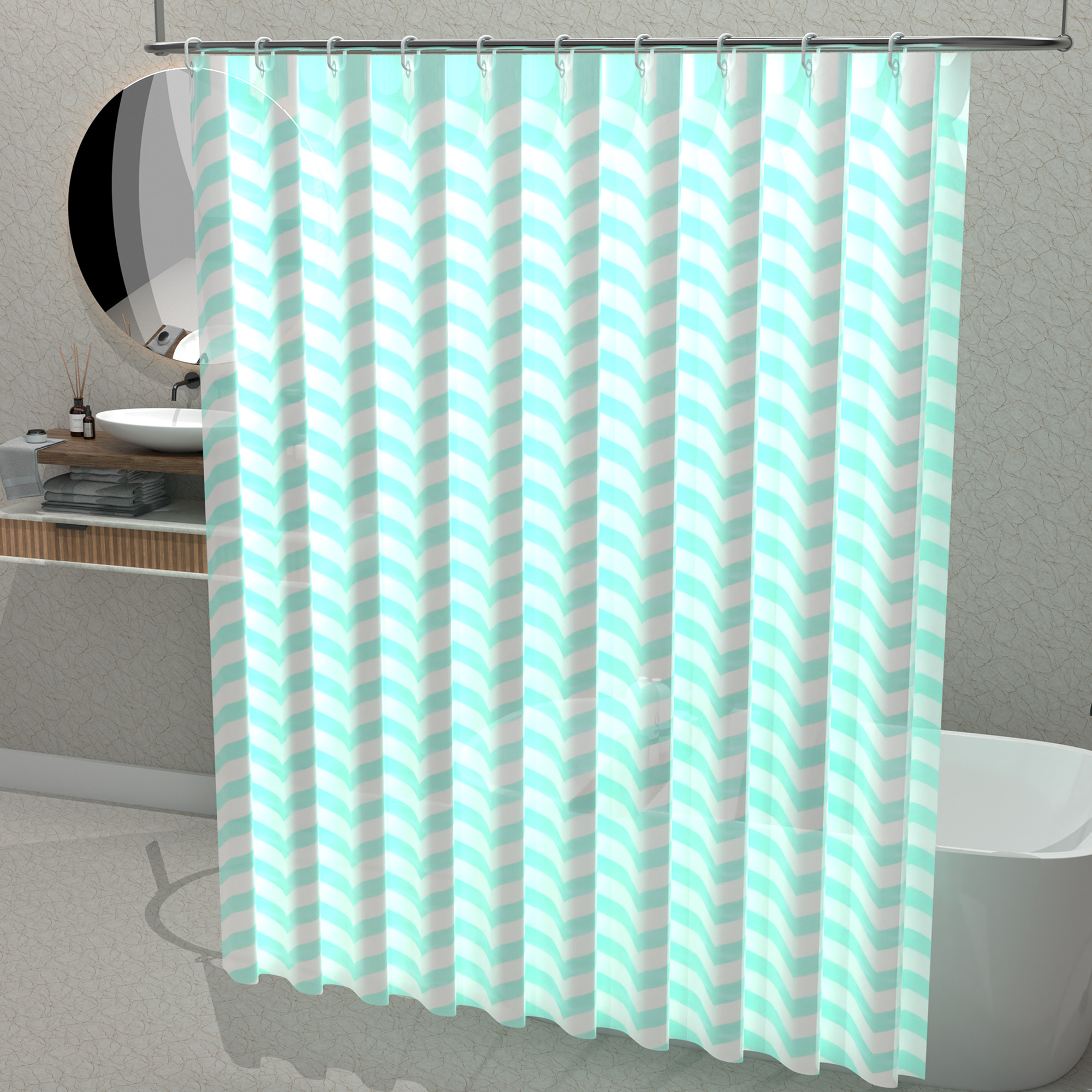 Kuber Industries Washable Bathroom Shower Curtain 6 Feet with Hooks  Quick-Drying  Easy to Clean Washroom  Bathroom Curtains Waterproof   Includes 12 Plastic Hooks  JY-1-5  Waves Design