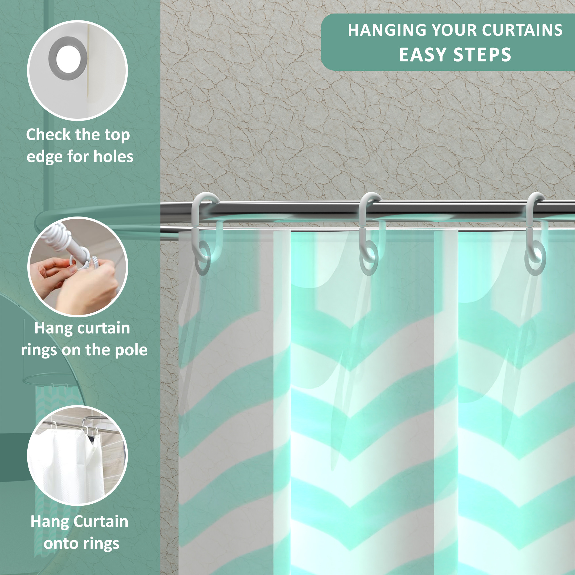 Kuber Industries Washable Bathroom Shower Curtain 6 Feet with Hooks  Quick-Drying  Easy to Clean Washroom  Bathroom Curtains Waterproof   Includes 12 Plastic Hooks  JY-1-5  Waves Design