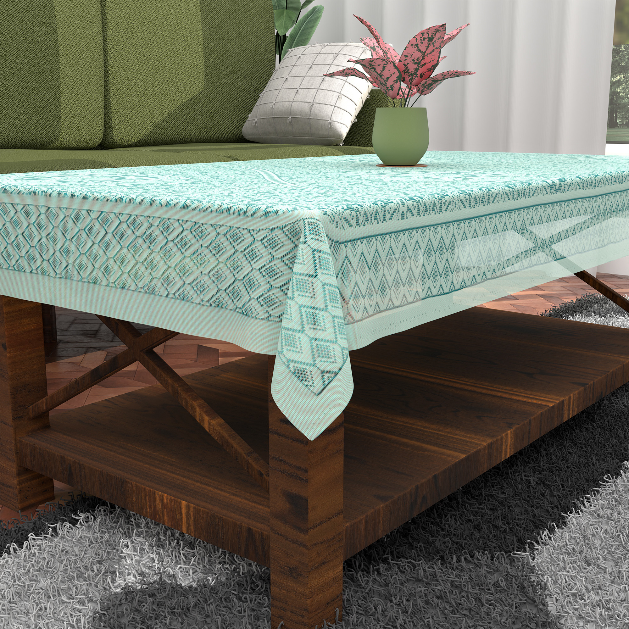 Kuber Industries Washable Net Dining Table Cover   Durable Table Protector Cover for Home Office  Dining Room  Dining Table Cloth Sheet  Floral Design - Aqua  White
