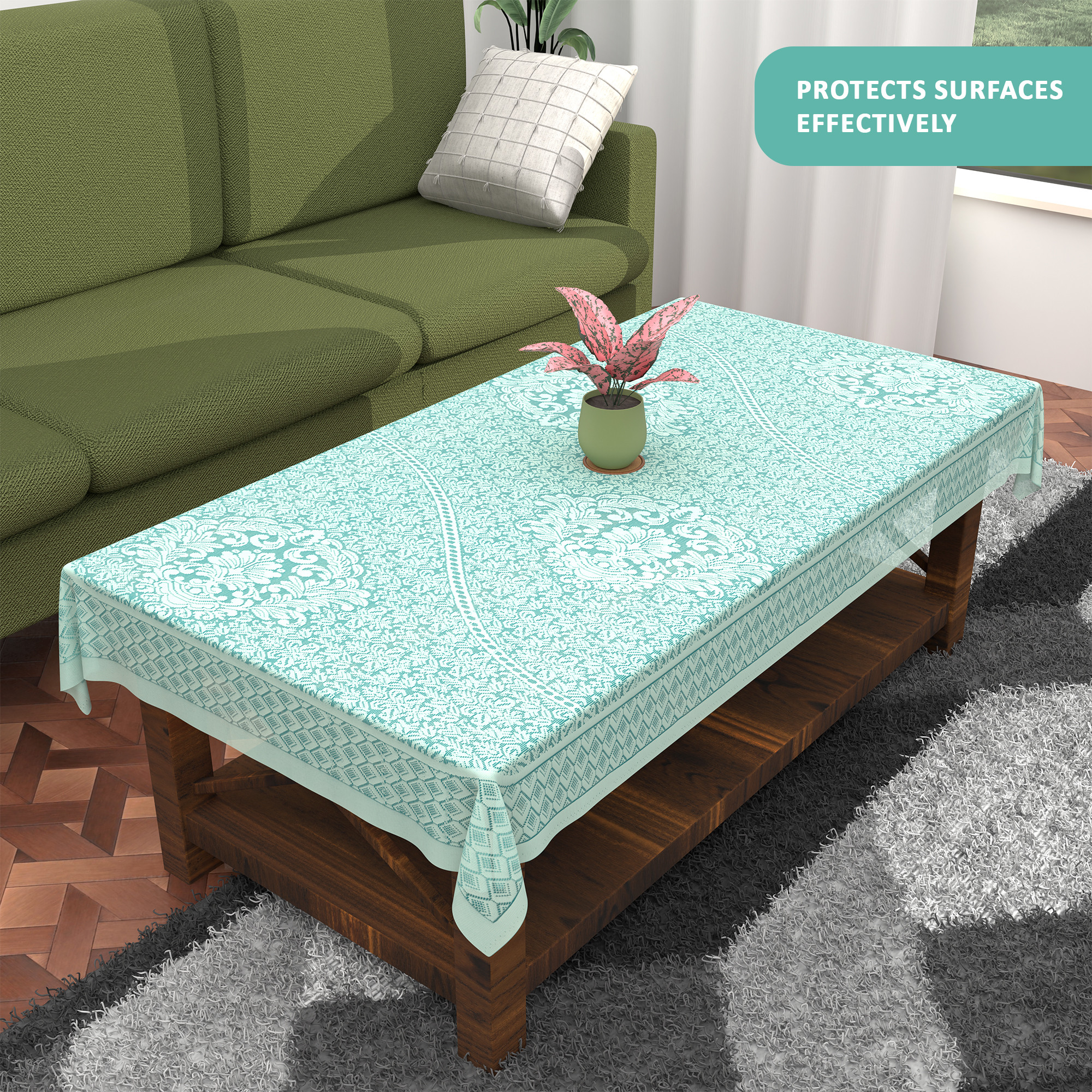 Kuber Industries Washable Net Dining Table Cover   Durable Table Protector Cover for Home Office  Dining Room  Dining Table Cloth Sheet  Floral Design - Aqua  White