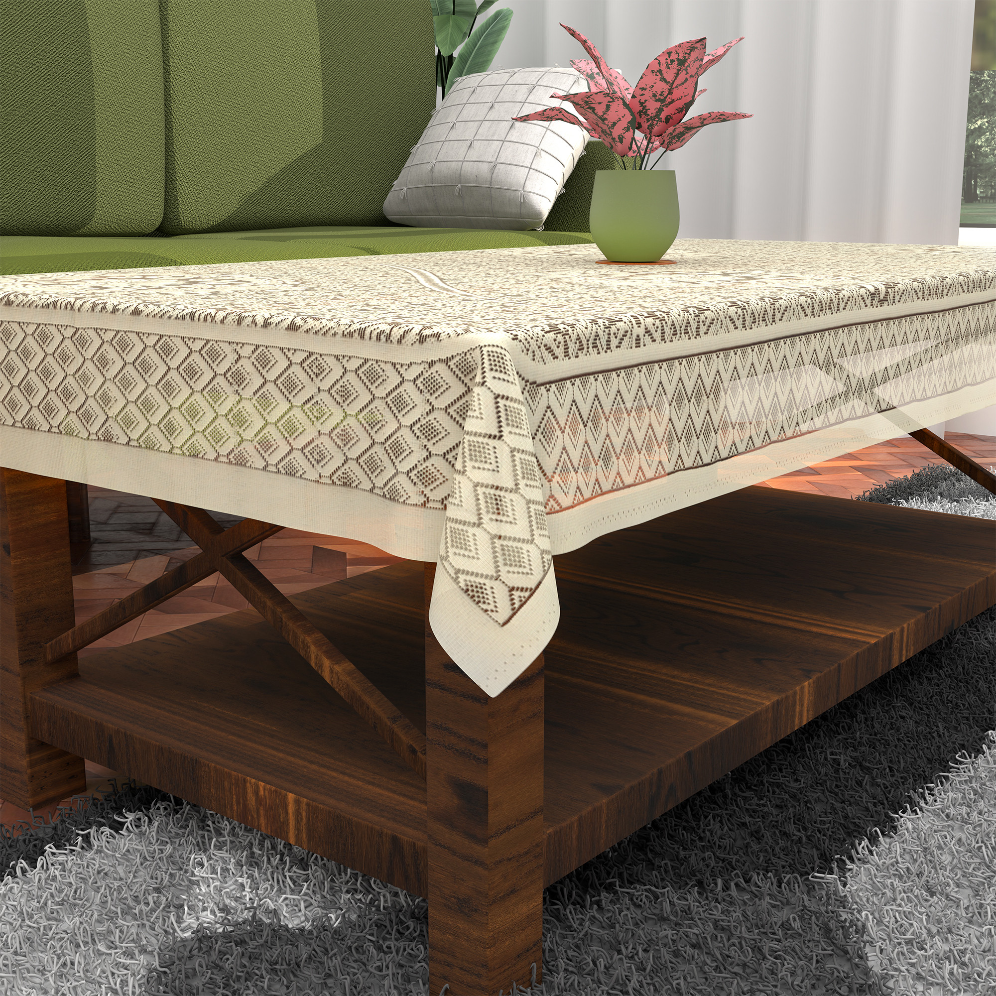 Kuber Industries Washable Net Dining Table Cover   Durable Table Protector Cover for Home Office  Dining Room  Dining Table Cloth Sheet  Floral Design - Cream  Brown