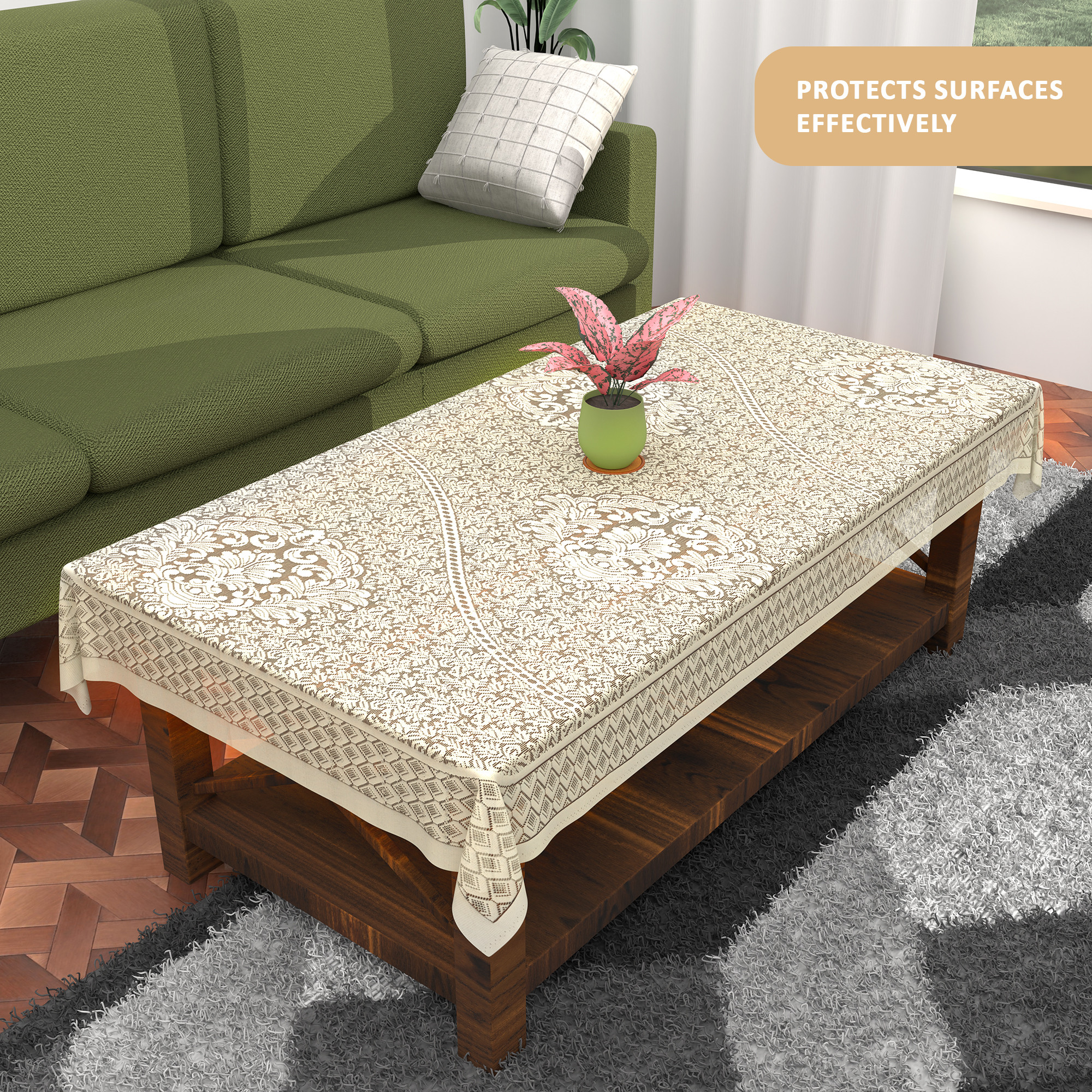 Kuber Industries Washable Net Dining Table Cover   Durable Table Protector Cover for Home Office  Dining Room  Dining Table Cloth Sheet  Floral Design - Cream  Brown