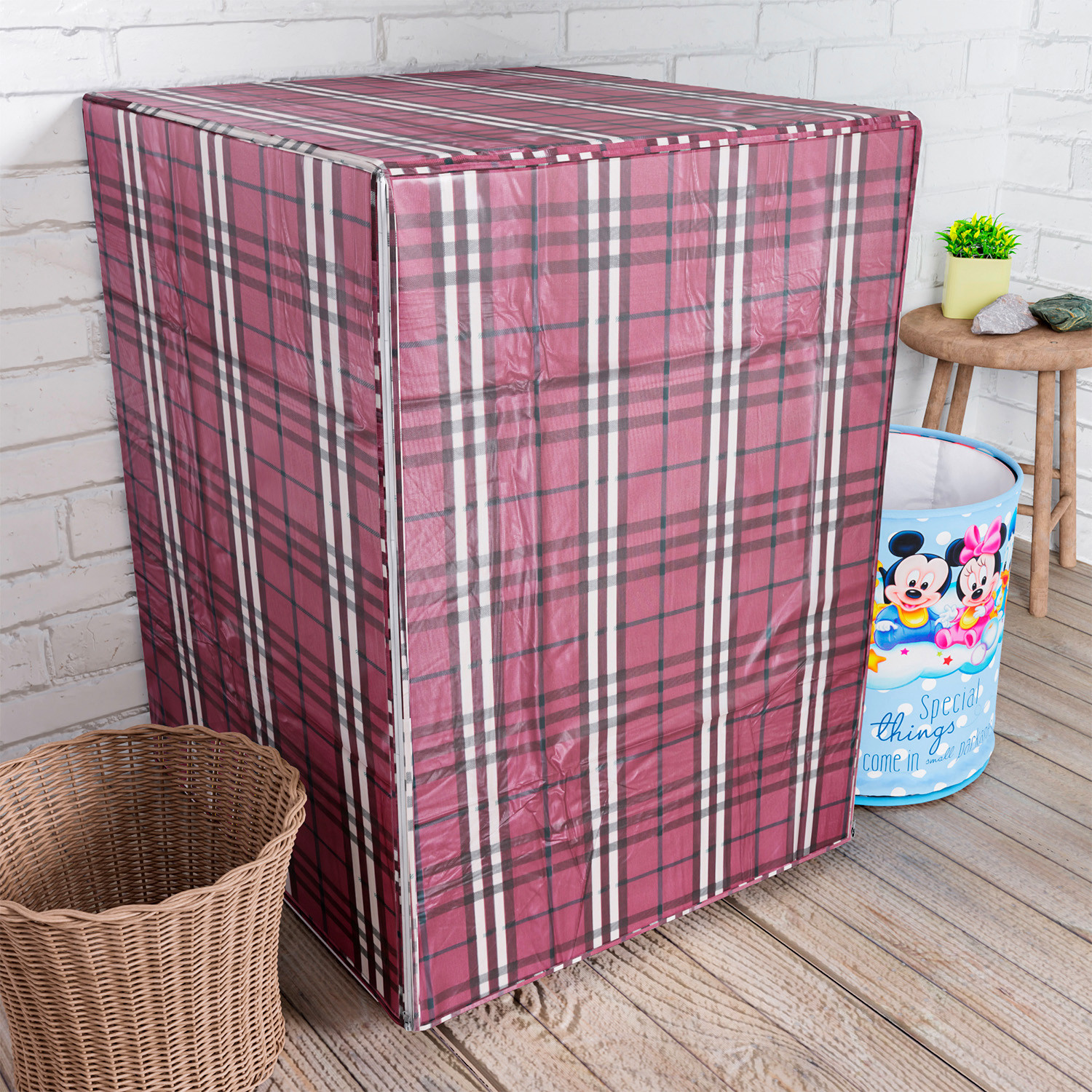 Kuber Industries Washing Machine Cover | Big Check Design Washing Machine Cover | Soft PVC | Front Load Washing Machine Cover | Maroon
