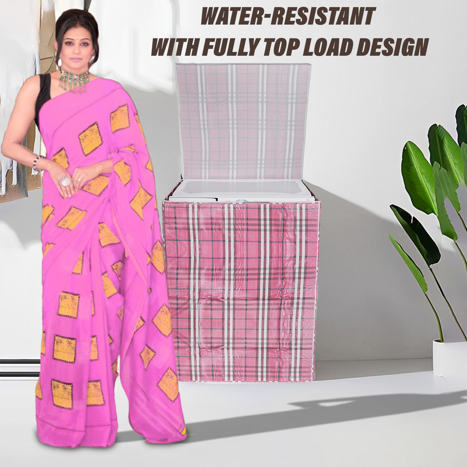 Kuber Industries Washing Machine Cover | Big Check Design Washing Machine Cover | Soft PVC | Top Load Fully-Automatic Washing Machine Cover | Maroon