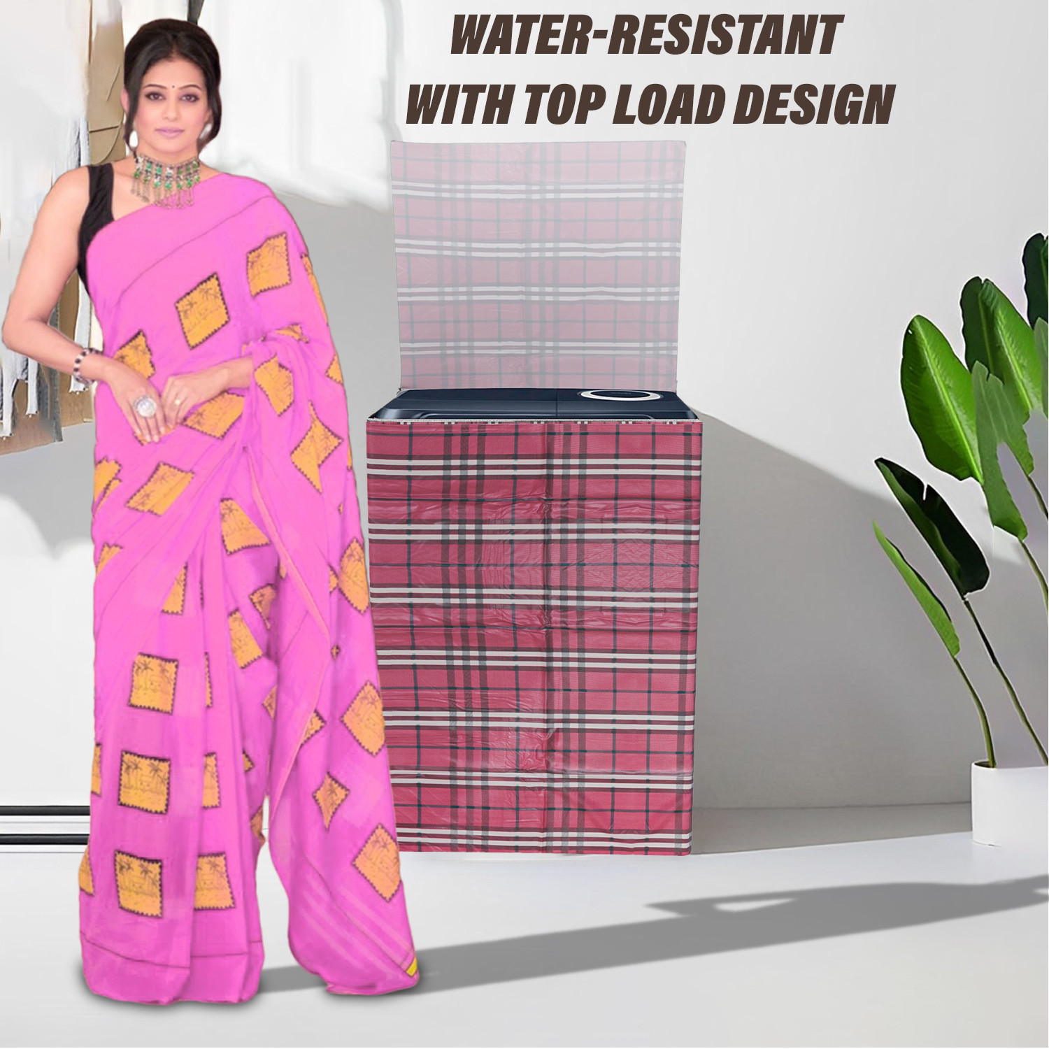 Kuber Industries Washing Machine Cover | Big Check Design Washing Machine Cover | Soft PVC | Top Load Semi-Automatic Washing Machine Cover | Maroon