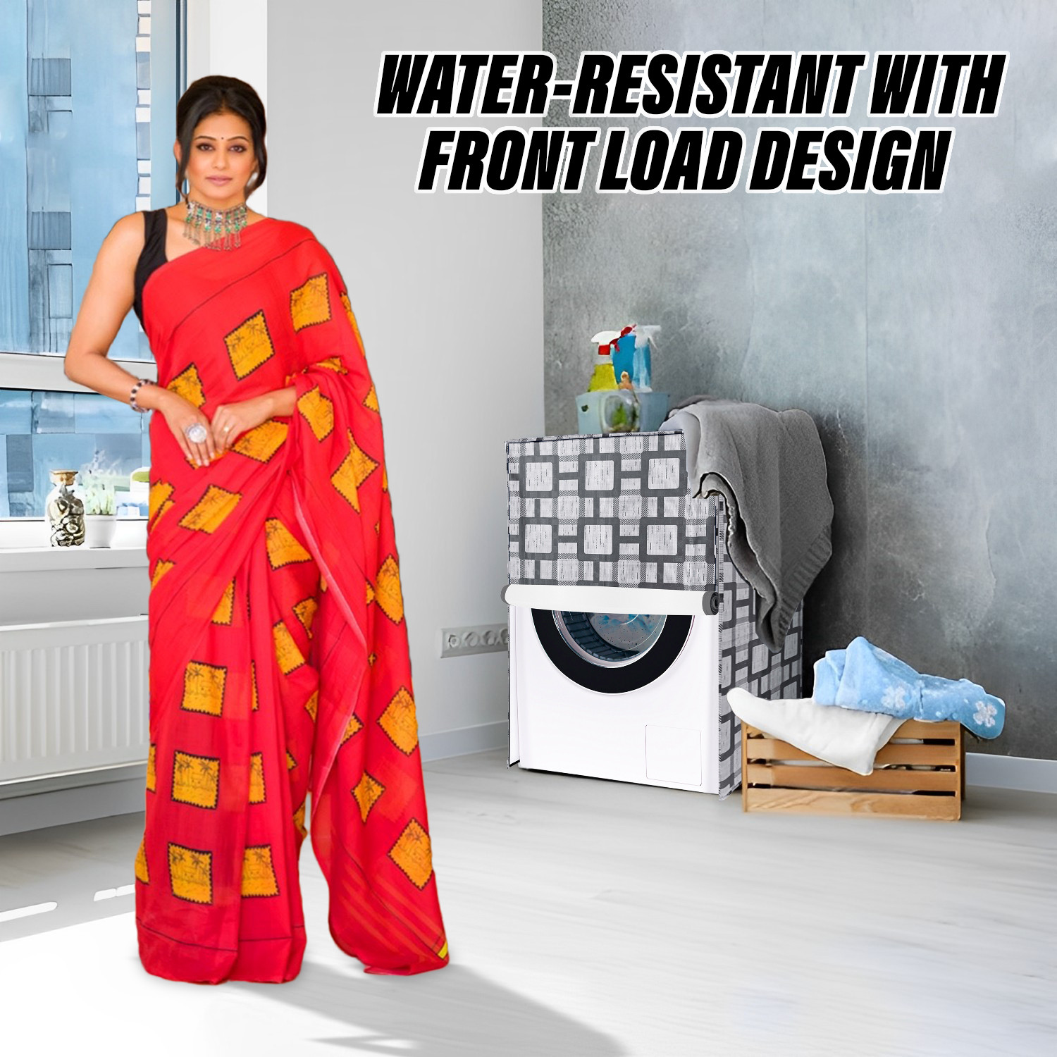 Kuber Industries Washing Machine Cover | Big Check Washing Machine Cover | Soft PVC | Front Load Washing Machine Cover | Gray