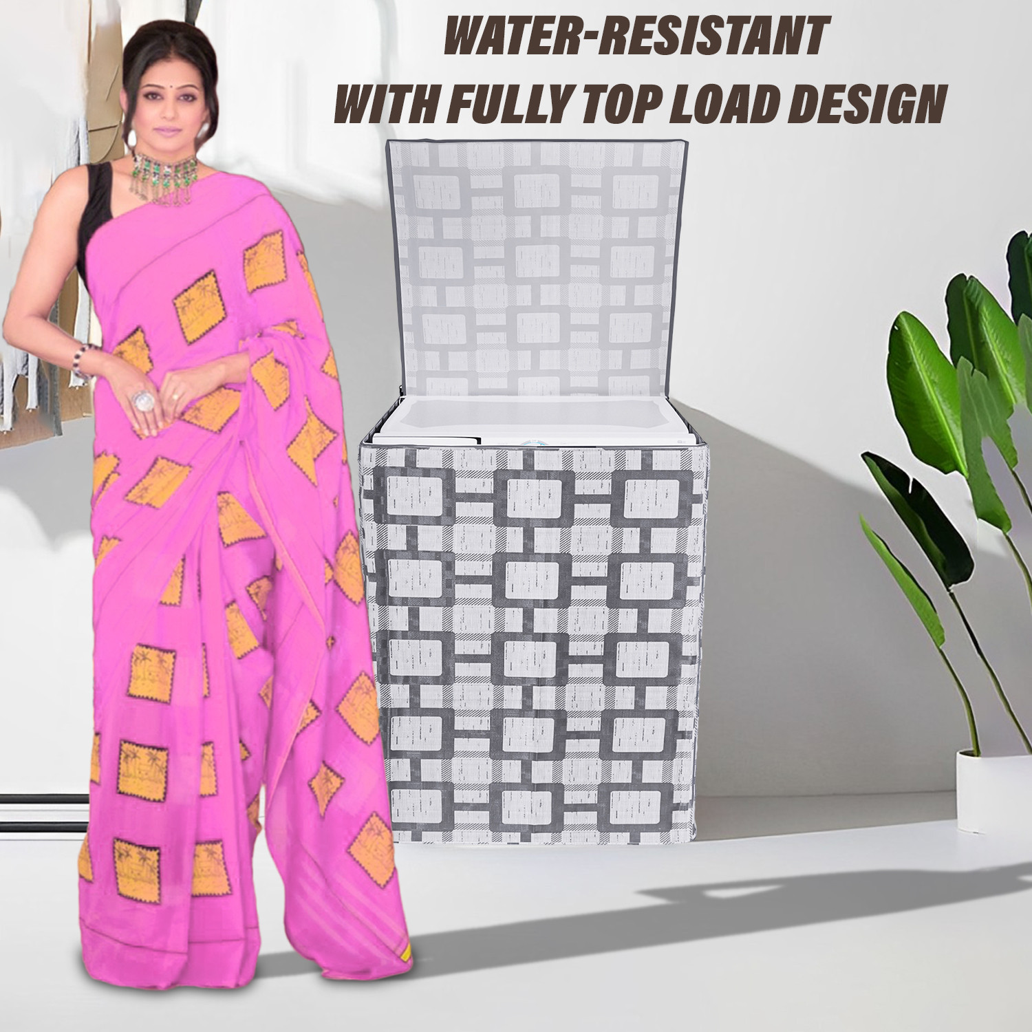Kuber Industries Washing Machine Cover | Big Check Washing Machine Cover | Soft PVC | Top Load Fully-Automatic Washing Machine Cover | Gray