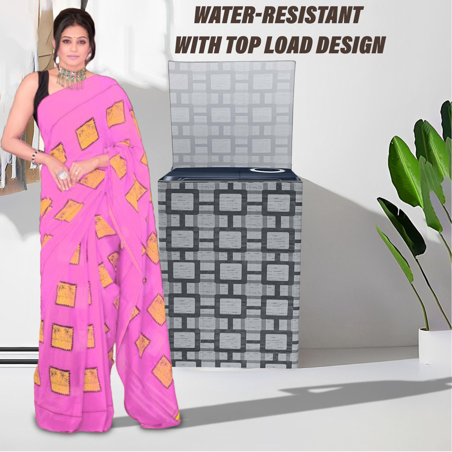 Kuber Industries Washing Machine Cover | Big Check Washing Machine Cover | Soft PVC | Top Load Semi-Automatic Washing Machine Cover | Gray