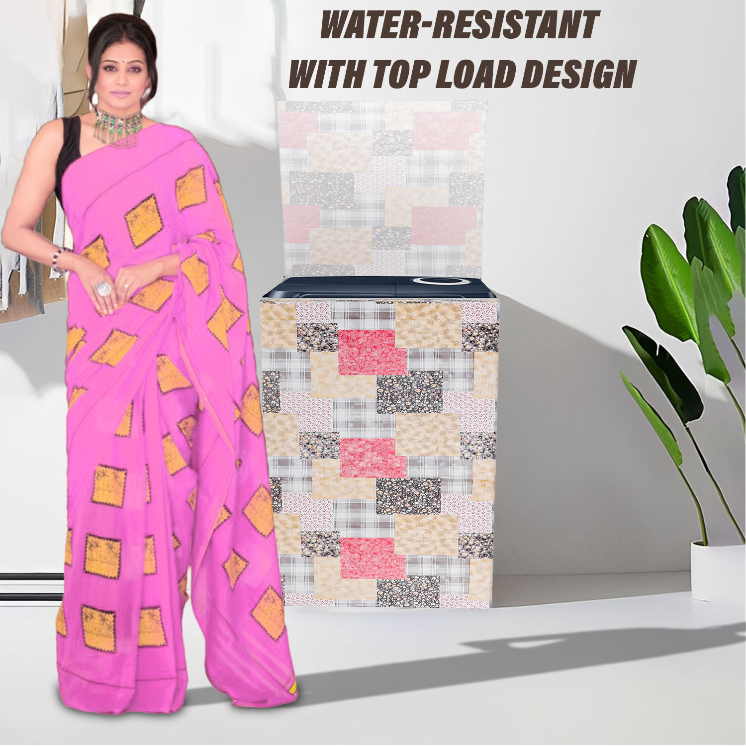 Kuber Industries Washing Machine Cover | Black Small Flower Print Washing Machine Cover | PVC Top Load Semi-Automatic Washing Machine Cover | Multi