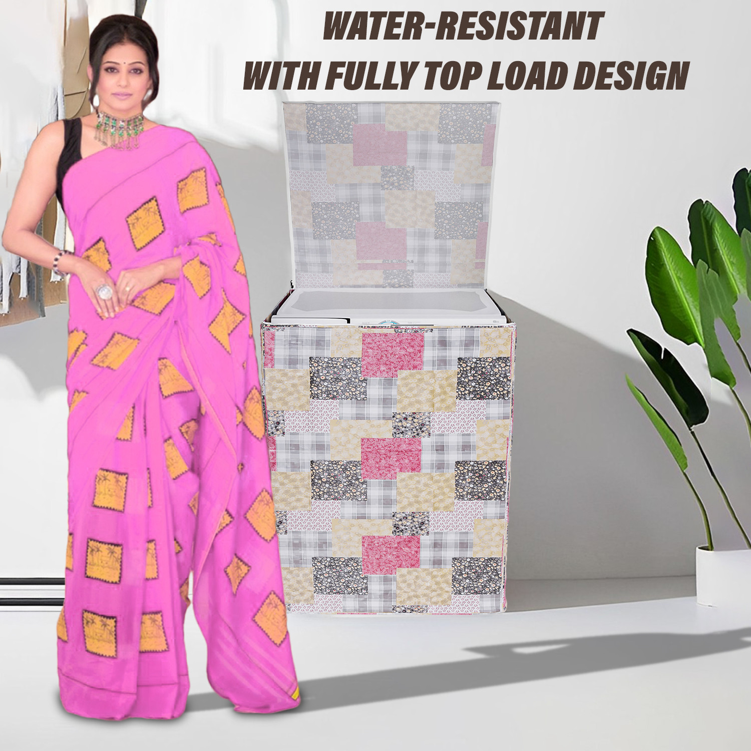 Kuber Industries Washing Machine Cover | Black Small Flower Print Washing Machine Cover | PVC Top Load Fully-Automatic Washing Machine Cover | Multi