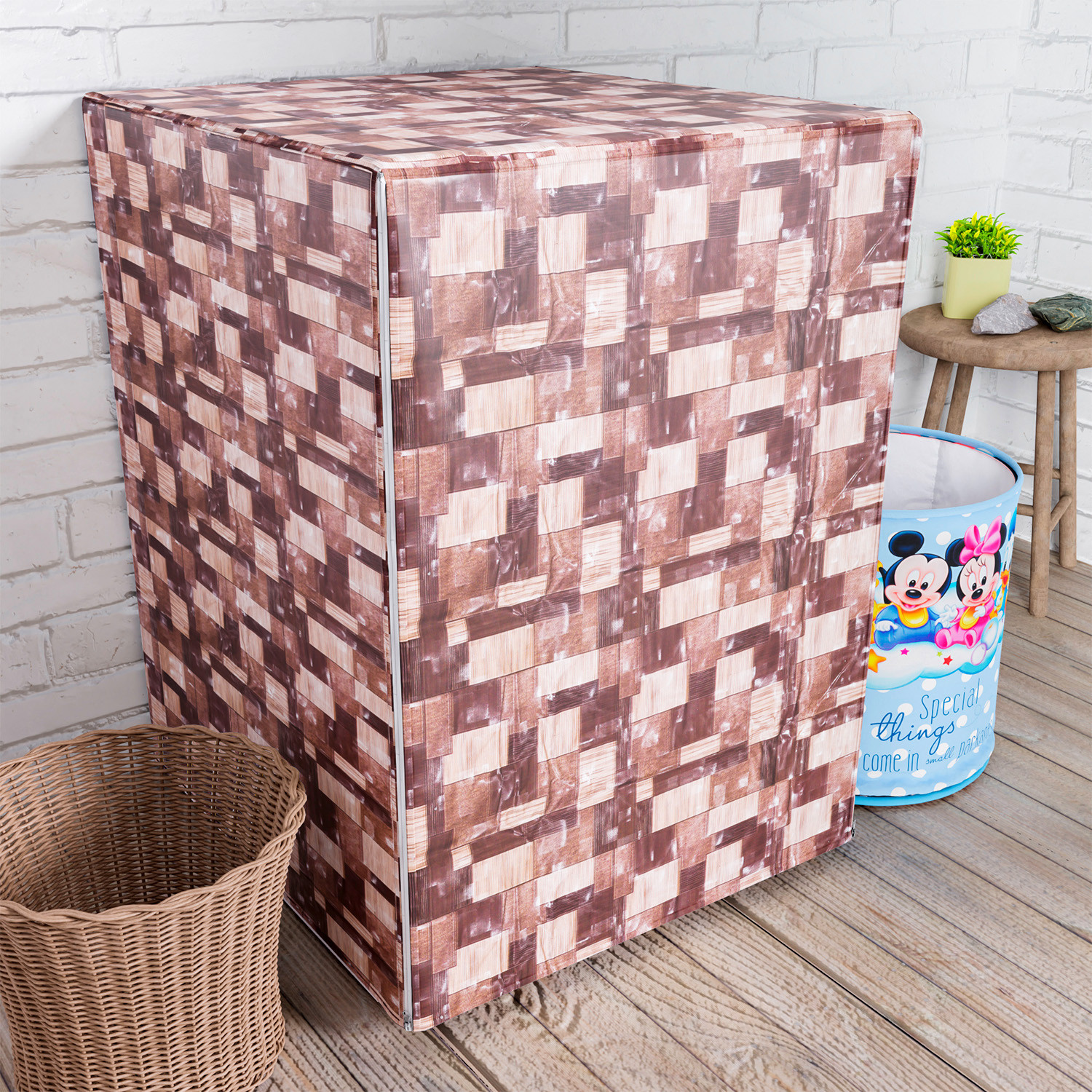 Kuber Industries Washing Machine Cover | Brick New Check Design Washing Machine Cover | PVC Front Load Washing Machine Cover | Brown