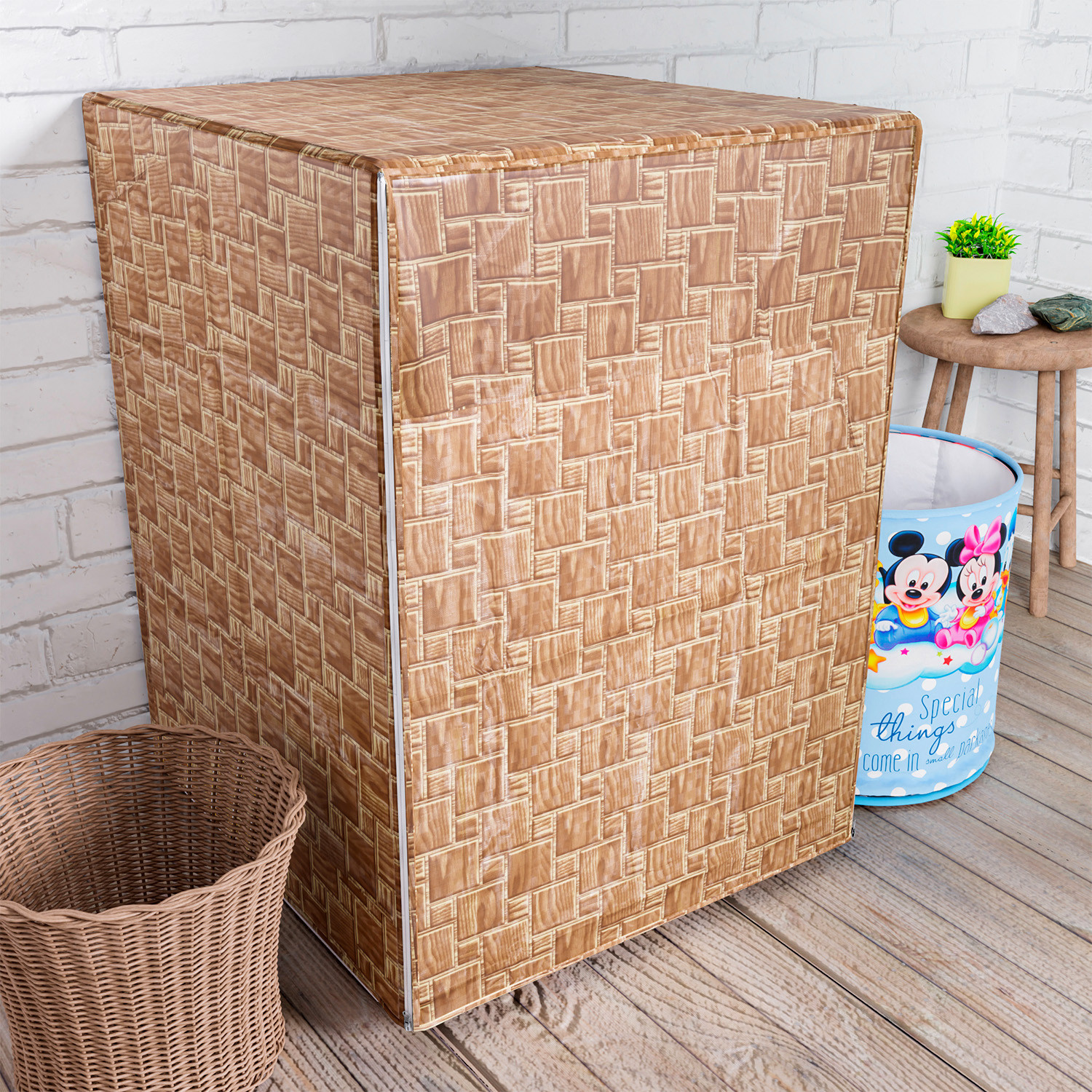 Kuber Industries Washing Machine Cover | Brick New Check Design Washing Machine Cover | PVC Front Load Washing Machine Cover | Golden
