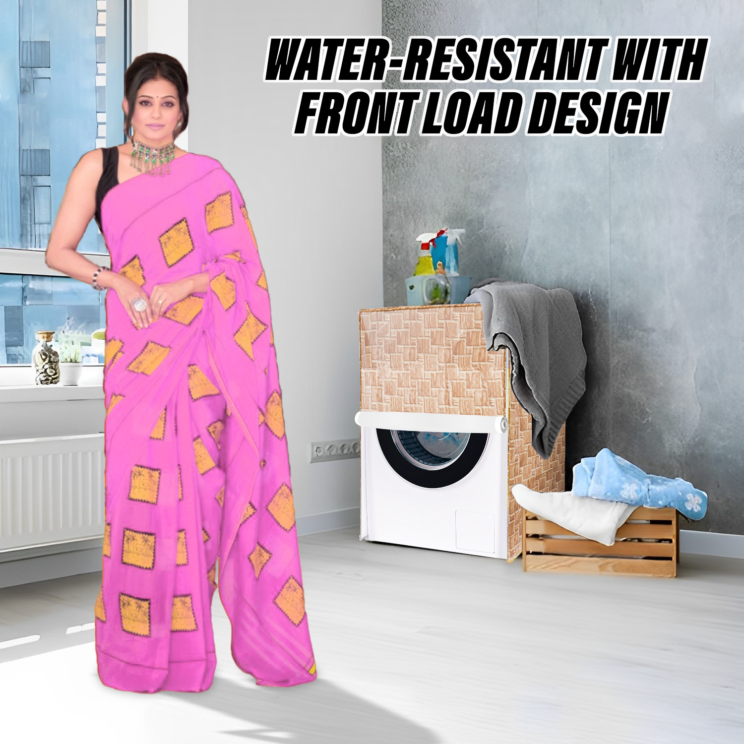 Kuber Industries Washing Machine Cover | Brick New Check Design Washing Machine Cover | PVC Front Load Washing Machine Cover | Golden