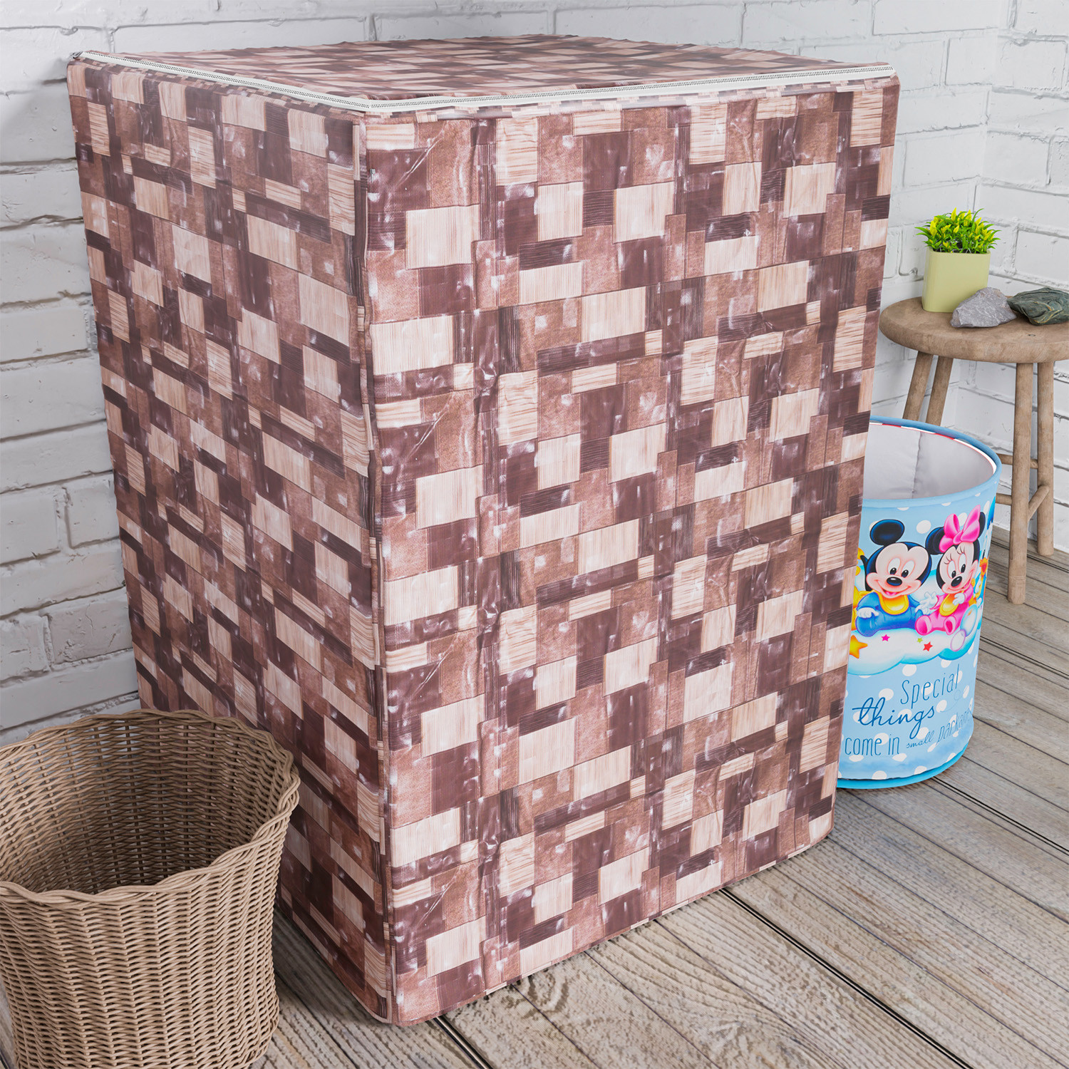 Kuber Industries Washing Machine Cover | Brick New Check Design Washing Machine Cover | PVC Top Load Fully-Automatic Washing Machine Cover | Brown