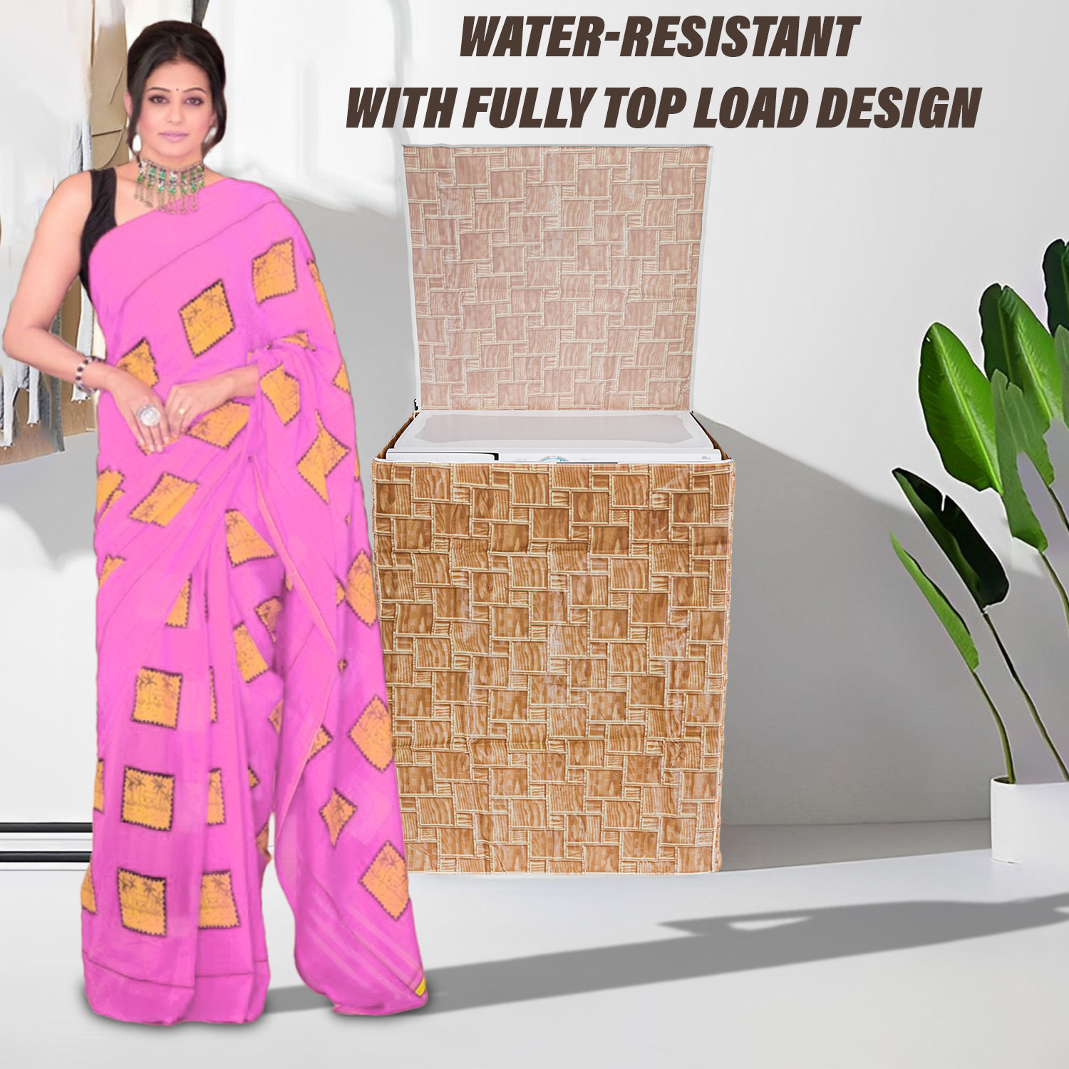 Kuber Industries Washing Machine Cover | Brick New Check Design Washing Machine Cover | PVC Top Load Fully-Automatic Washing Machine Cover | Golden