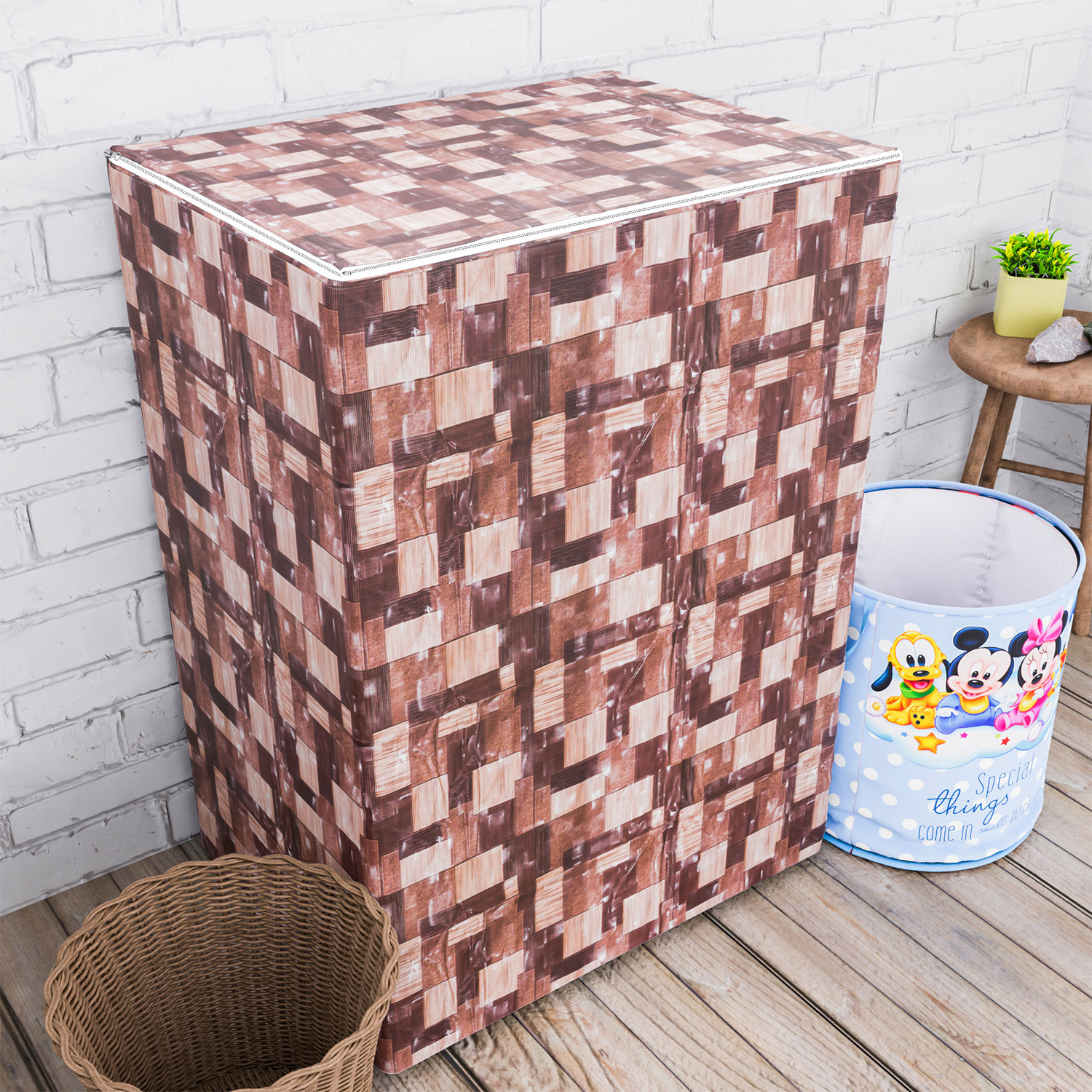 Kuber Industries Washing Machine Cover | Brick New Check Design Washing Machine Cover | PVC Top Load Semi-Automatic Washing Machine Cover | Brown
